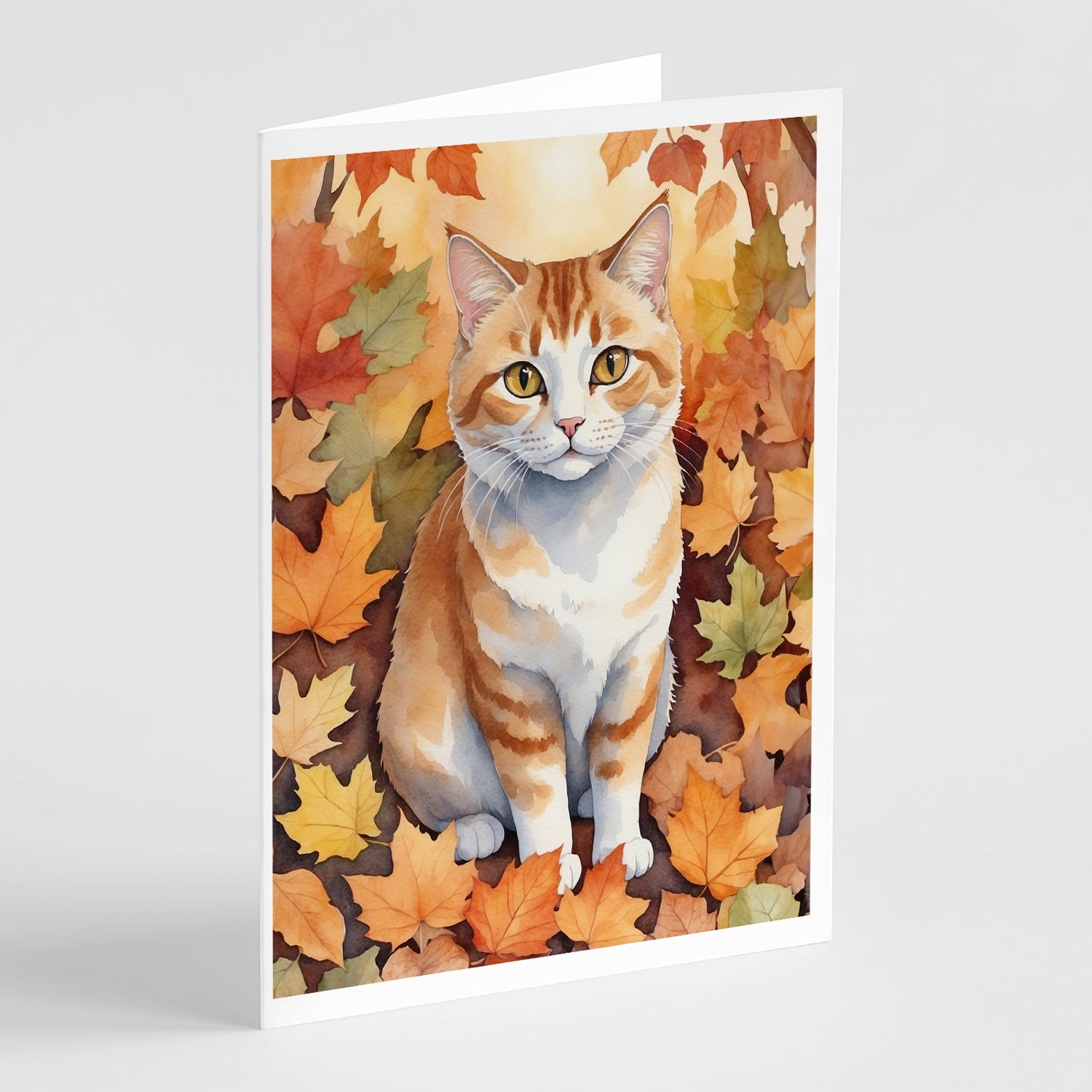 Manx Cat in Fall Leaves Greeting Cards Pack of 8 Blank Cards with Envelopes Whimsical A7 Size 5x7