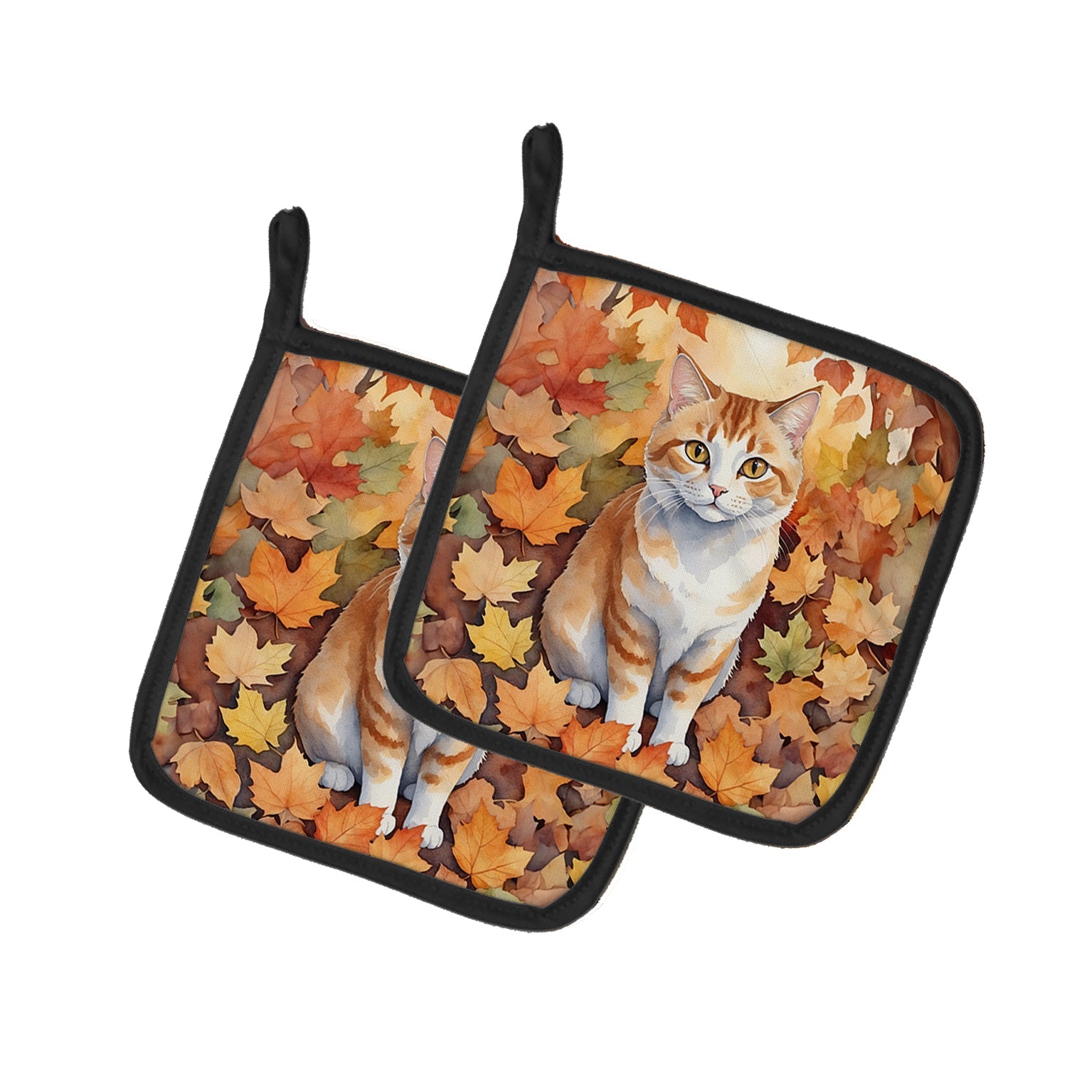 Manx Cat in Fall Leaves Pot Holder Set of 2 Heat Resistant Quilted Hot Pads 7.5 x 7.5 Inch, Insulated Kitchen Trivets for Cooking & Baking