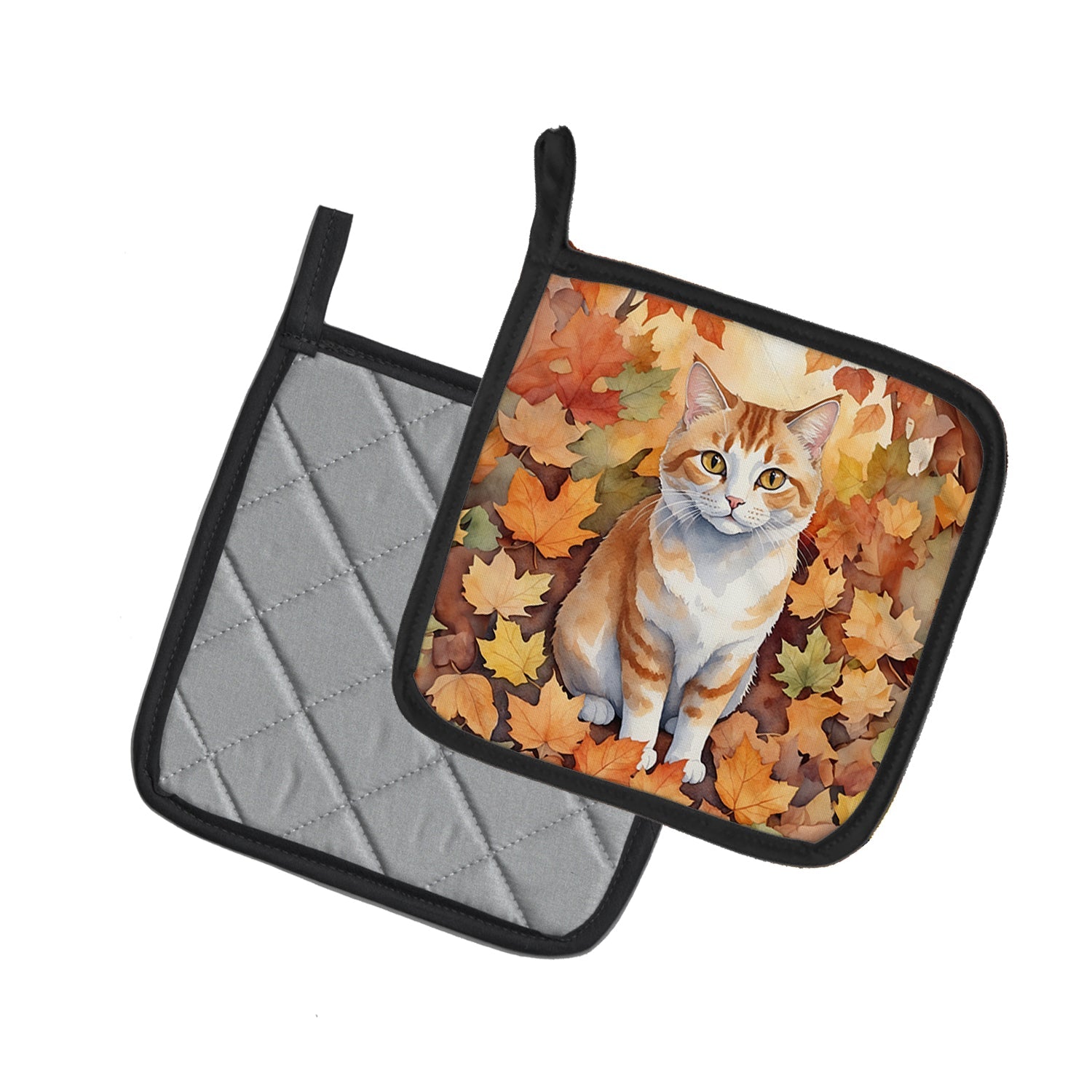 Manx Cat in Fall Leaves Pot Holder Set of 2 Heat Resistant Quilted Hot Pads 7.5 x 7.5 Inch, Insulated Kitchen Trivets for Cooking & Baking