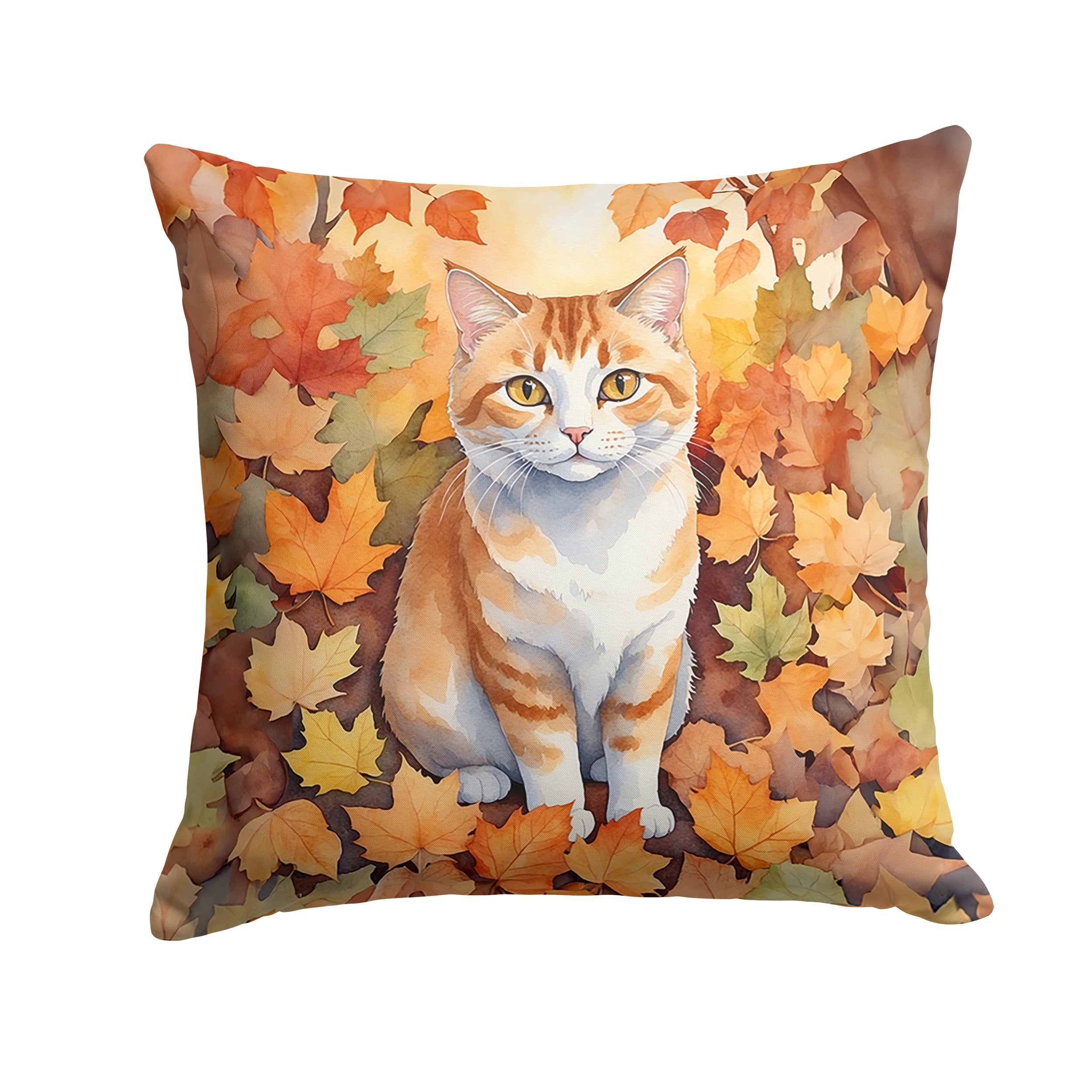 Manx Cat in Fall Leaves Decorative Throw Pillow 14x14 Indoor Outdoor Accent Cushion, Fabric Cover with Insert for Sofa, Bed, Porch & Living Room