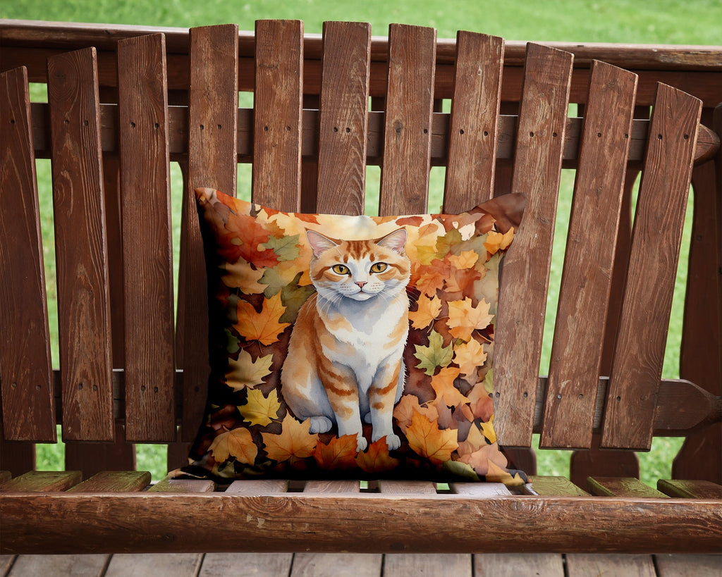 Manx Cat in Fall Leaves Decorative Throw Pillow 14x14 Indoor Outdoor Accent Cushion, Fabric Cover with Insert for Sofa, Bed, Porch & Living Room