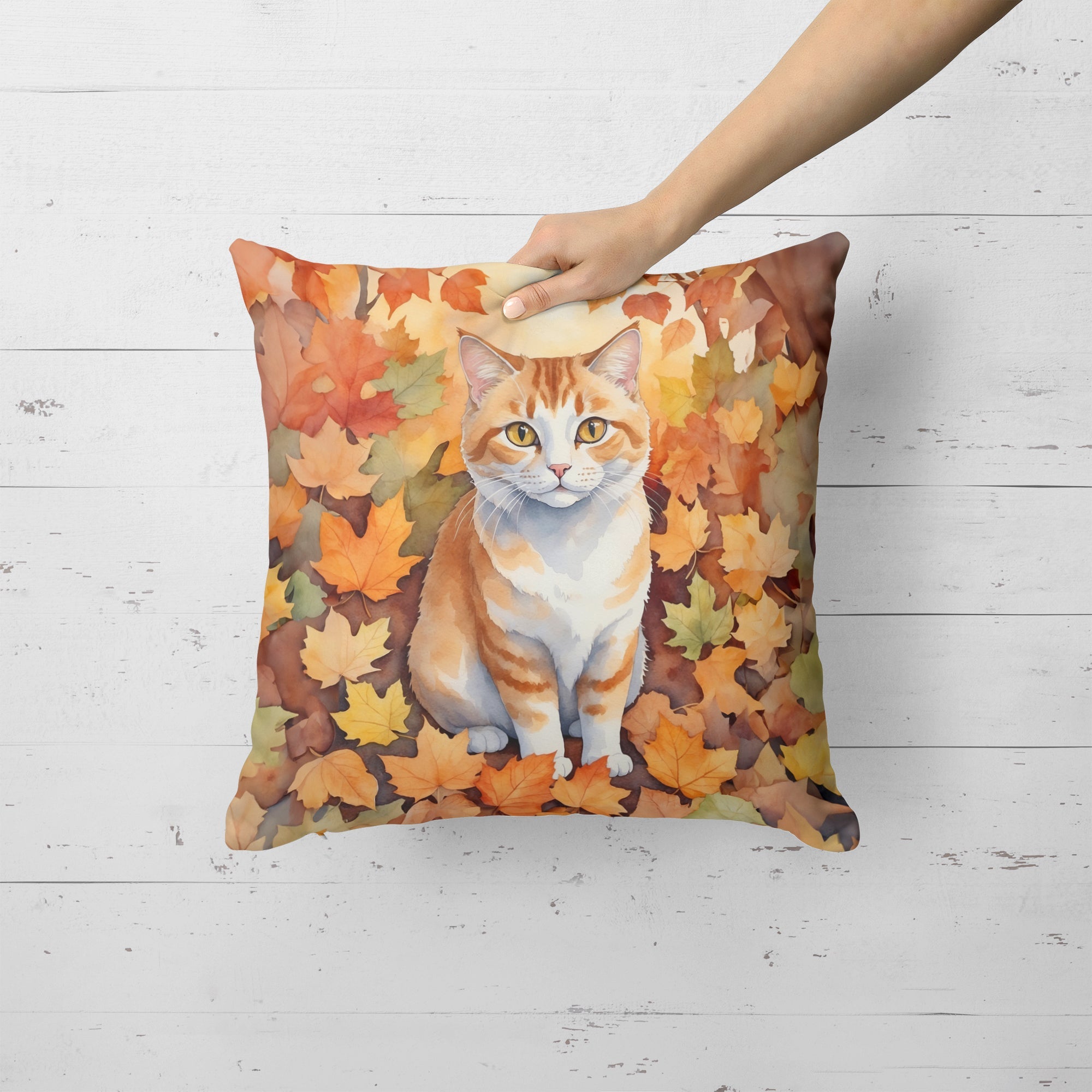 Manx Cat in Fall Leaves Decorative Throw Pillow 18x18 Indoor Outdoor Accent Cushion, Fabric Cover with Insert for Sofa, Bed, Porch & Living Room