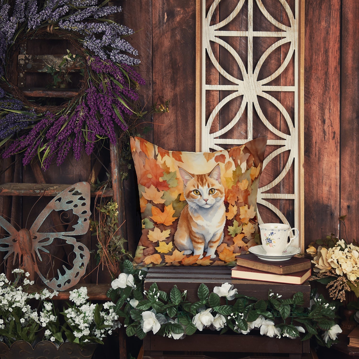 Manx Cat in Fall Leaves Decorative Throw Pillow 18x18 Indoor Outdoor Accent Cushion, Fabric Cover with Insert for Sofa, Bed, Porch & Living Room