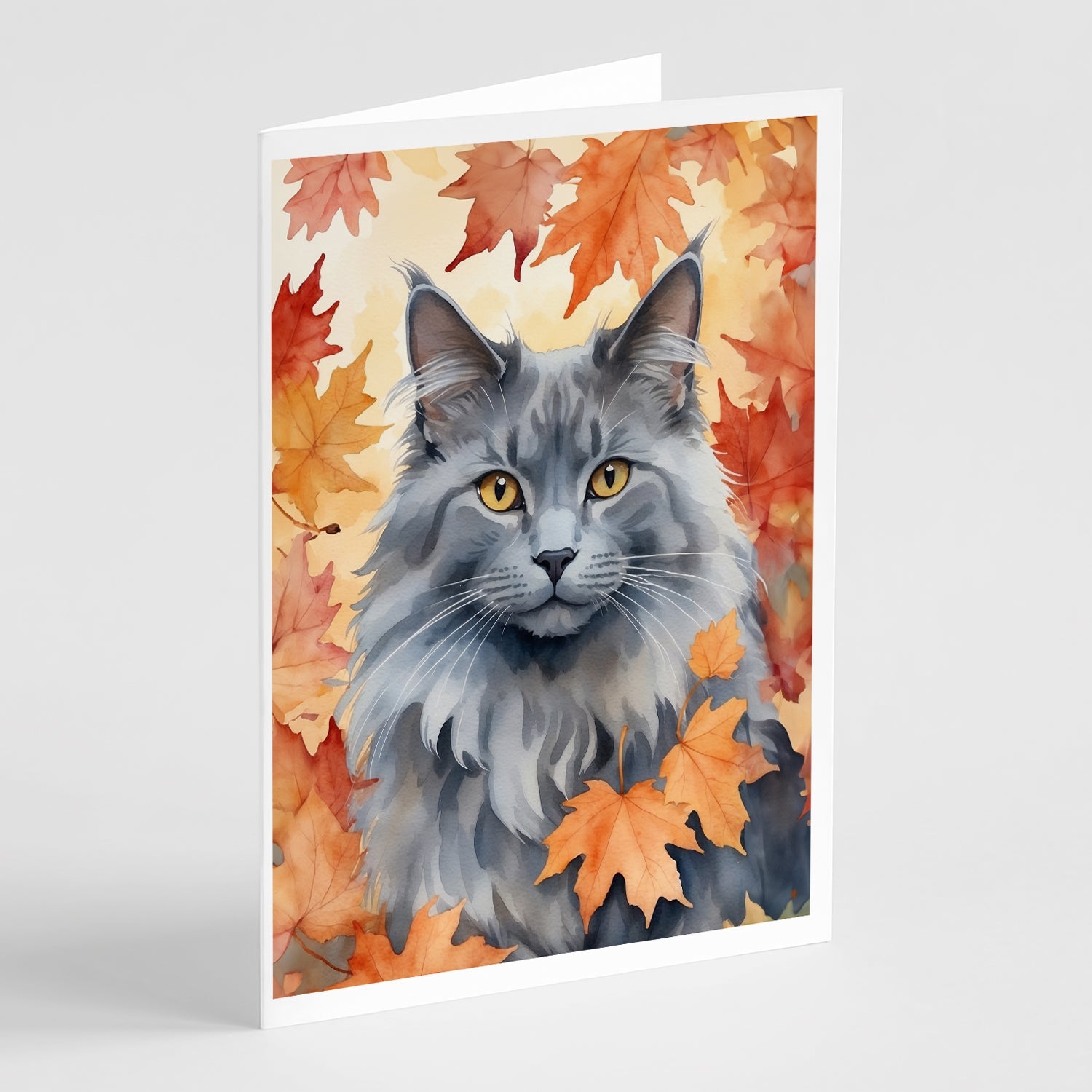Nebelung Cat in Fall Leaves Greeting Cards Pack of 8 Blank Cards with Envelopes Whimsical A7 Size 5x7