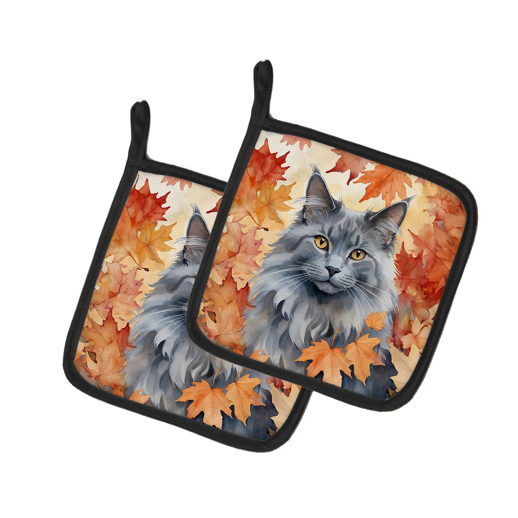Nebelung Cat in Fall Leaves Pot Holder Set of 2 Heat Resistant Quilted Hot Pads 7.5 x 7.5 Inch, Insulated Kitchen Trivets for Cooking & Baking
