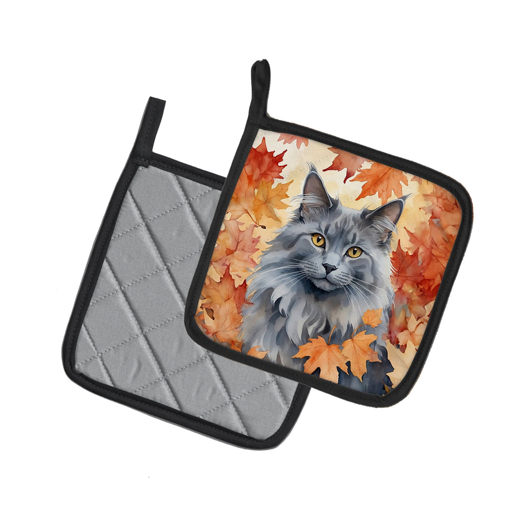 Nebelung Cat in Fall Leaves Pot Holder Set of 2 Heat Resistant Quilted Hot Pads 7.5 x 7.5 Inch, Insulated Kitchen Trivets for Cooking & Baking