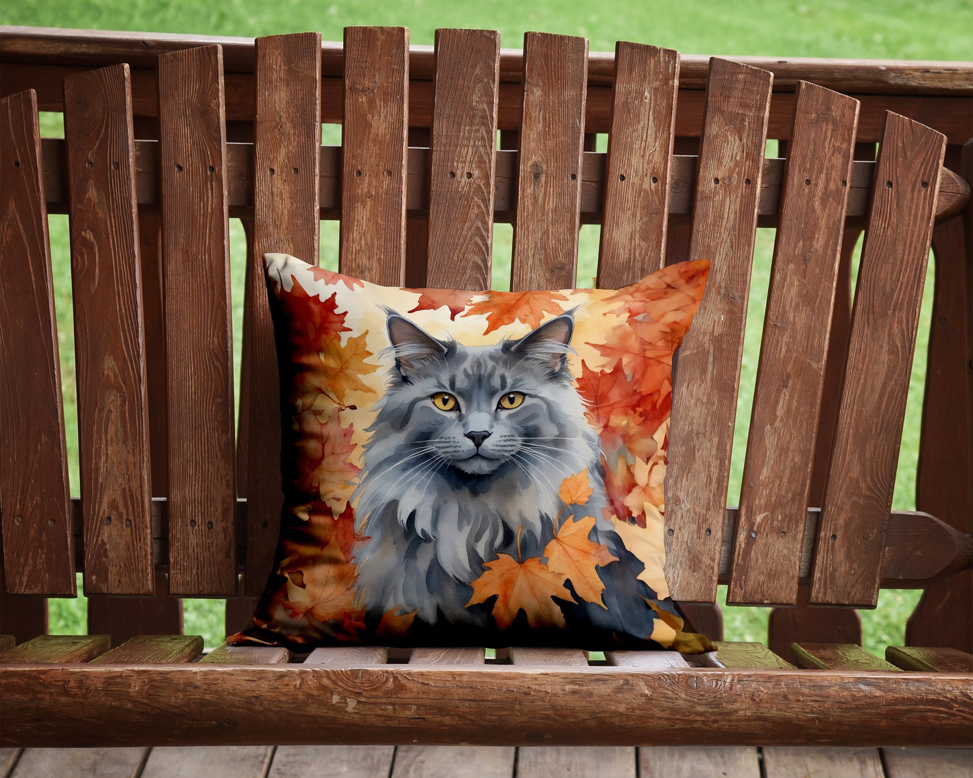Nebelung Cat in Fall Leaves Decorative Throw Pillow 14x14 Indoor Outdoor Accent Cushion, Fabric Cover with Insert for Sofa, Bed, Porch & Living Room