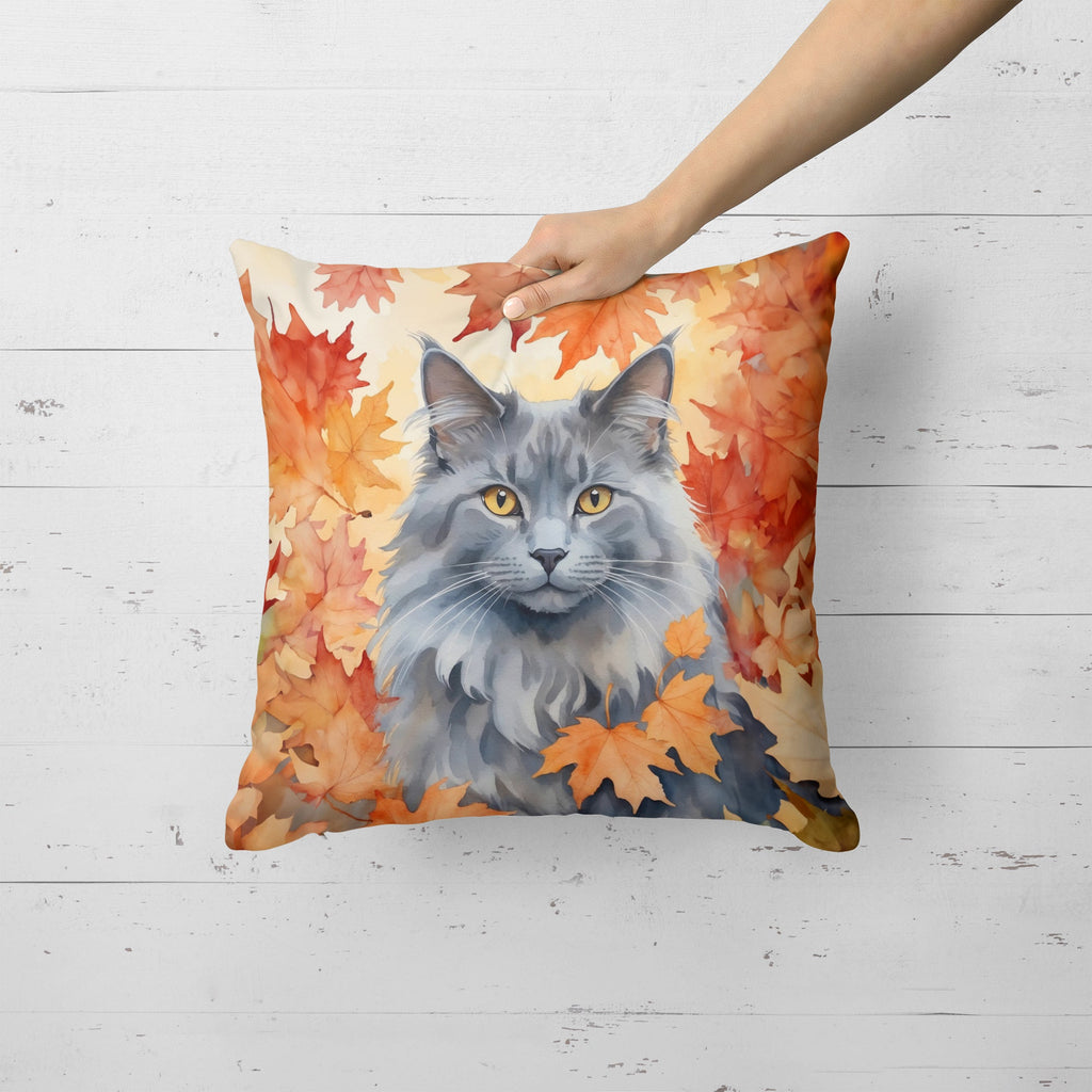 Nebelung Cat in Fall Leaves Decorative Throw Pillow 18x18 Indoor Outdoor Accent Cushion, Fabric Cover with Insert for Sofa, Bed, Porch & Living Room