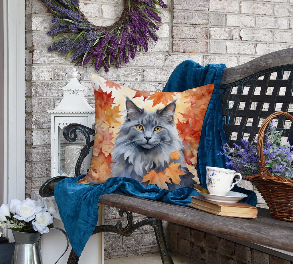 Nebelung Cat in Fall Leaves Decorative Throw Pillow 18x18 Indoor Outdoor Accent Cushion, Fabric Cover with Insert for Sofa, Bed, Porch & Living Room