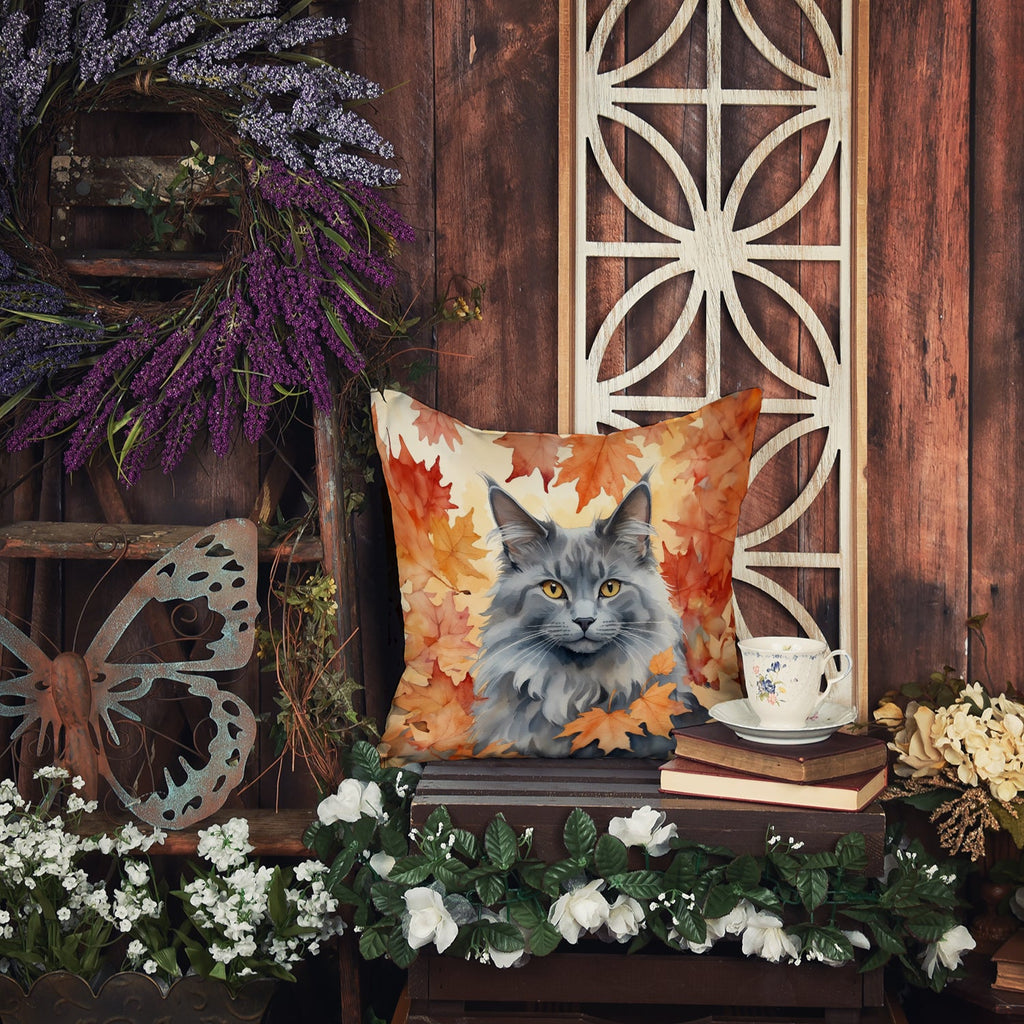 Nebelung Cat in Fall Leaves Decorative Throw Pillow 18x18 Indoor Outdoor Accent Cushion, Fabric Cover with Insert for Sofa, Bed, Porch & Living Room