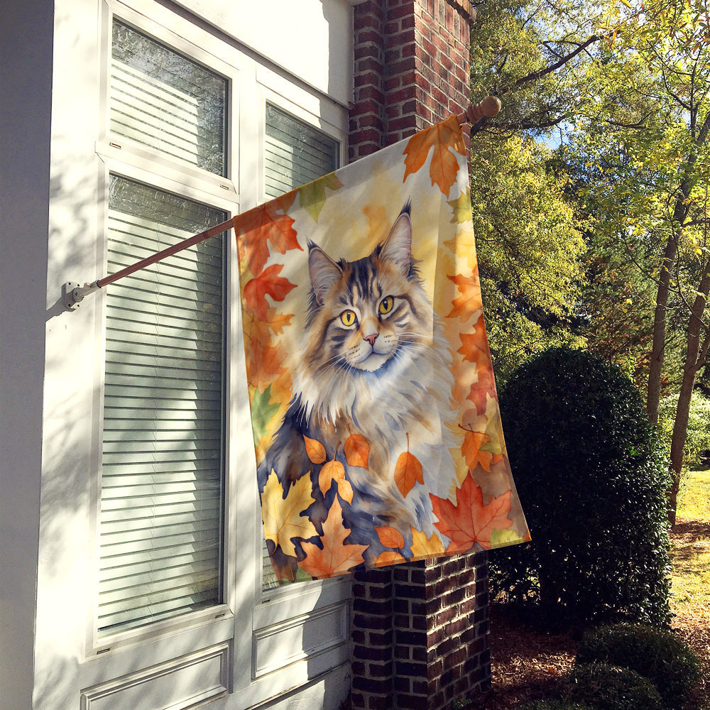 Norwegian Forest Cat in Fall Leaves House Flag 28x40 Porch Sleeve Pole Decorative Outside Yard Banner Artwork Wall Hanging, Polyester