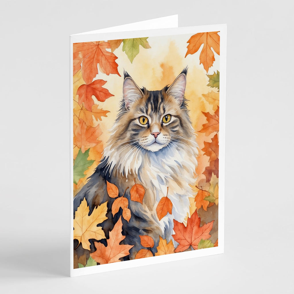 Norwegian Forest Cat in Fall Leaves Greeting Cards Pack of 8 Blank Cards with Envelopes Whimsical A7 Size 5x7