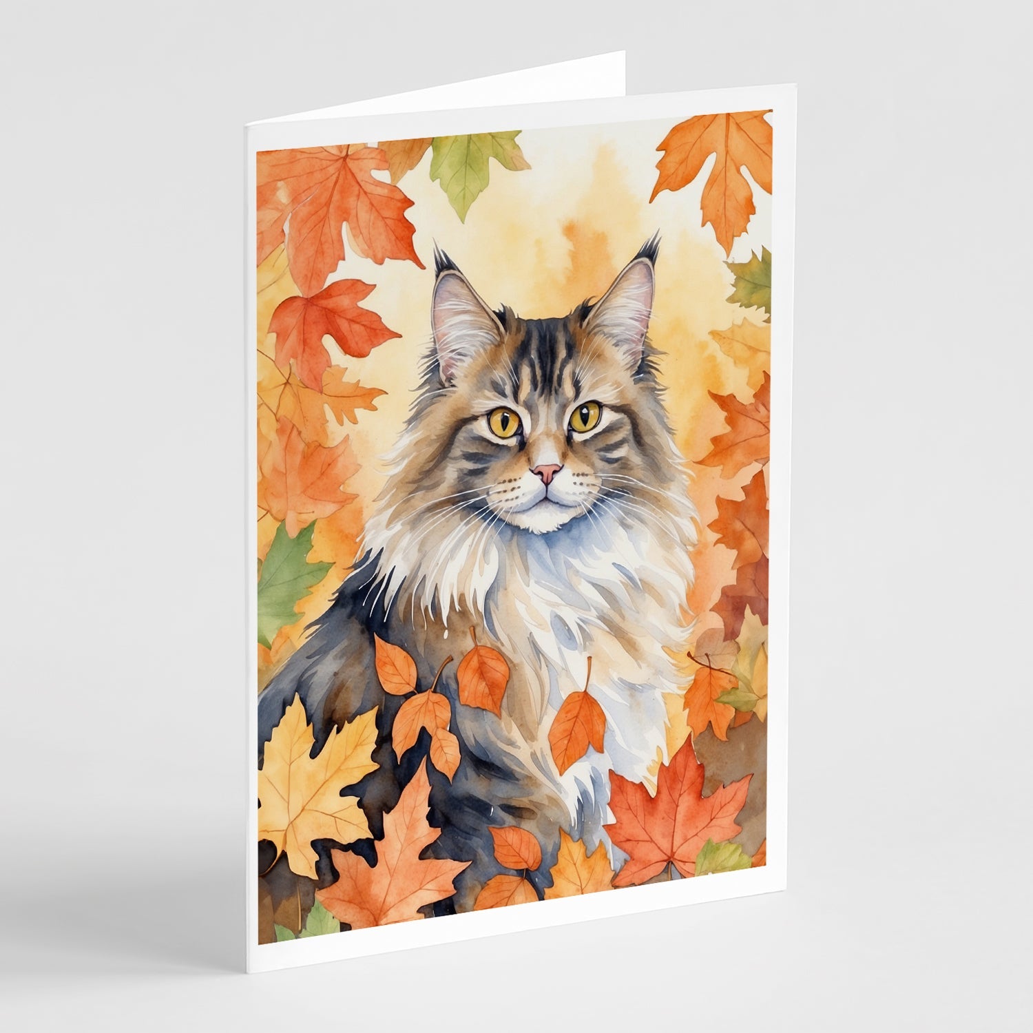 Norwegian Forest Cat in Fall Leaves Greeting Cards Pack of 8 Blank Cards with Envelopes Whimsical A7 Size 5x7
