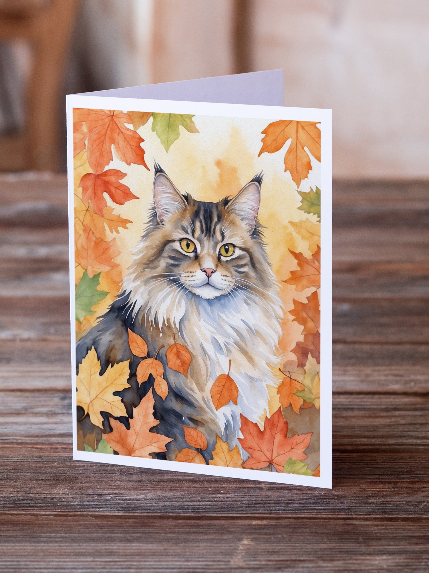 Norwegian Forest Cat in Fall Leaves Greeting Cards Pack of 8 Blank Cards with Envelopes Whimsical A7 Size 5x7