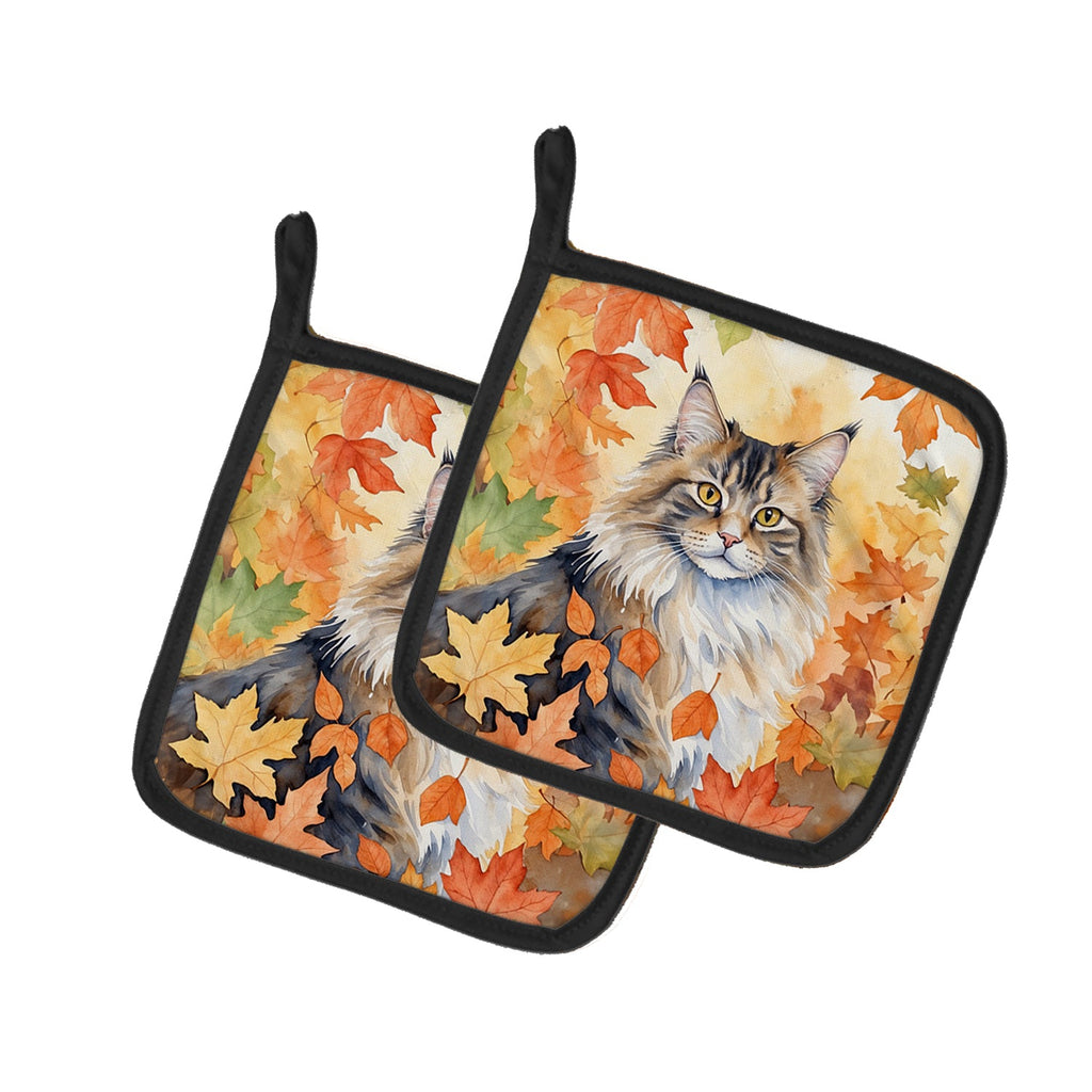 Norwegian Forest Cat in Fall Leaves Pot Holder Set of 2 Heat Resistant Quilted Hot Pads 7.5 x 7.5 Inch, Insulated Kitchen Trivets for Cooking & Baking