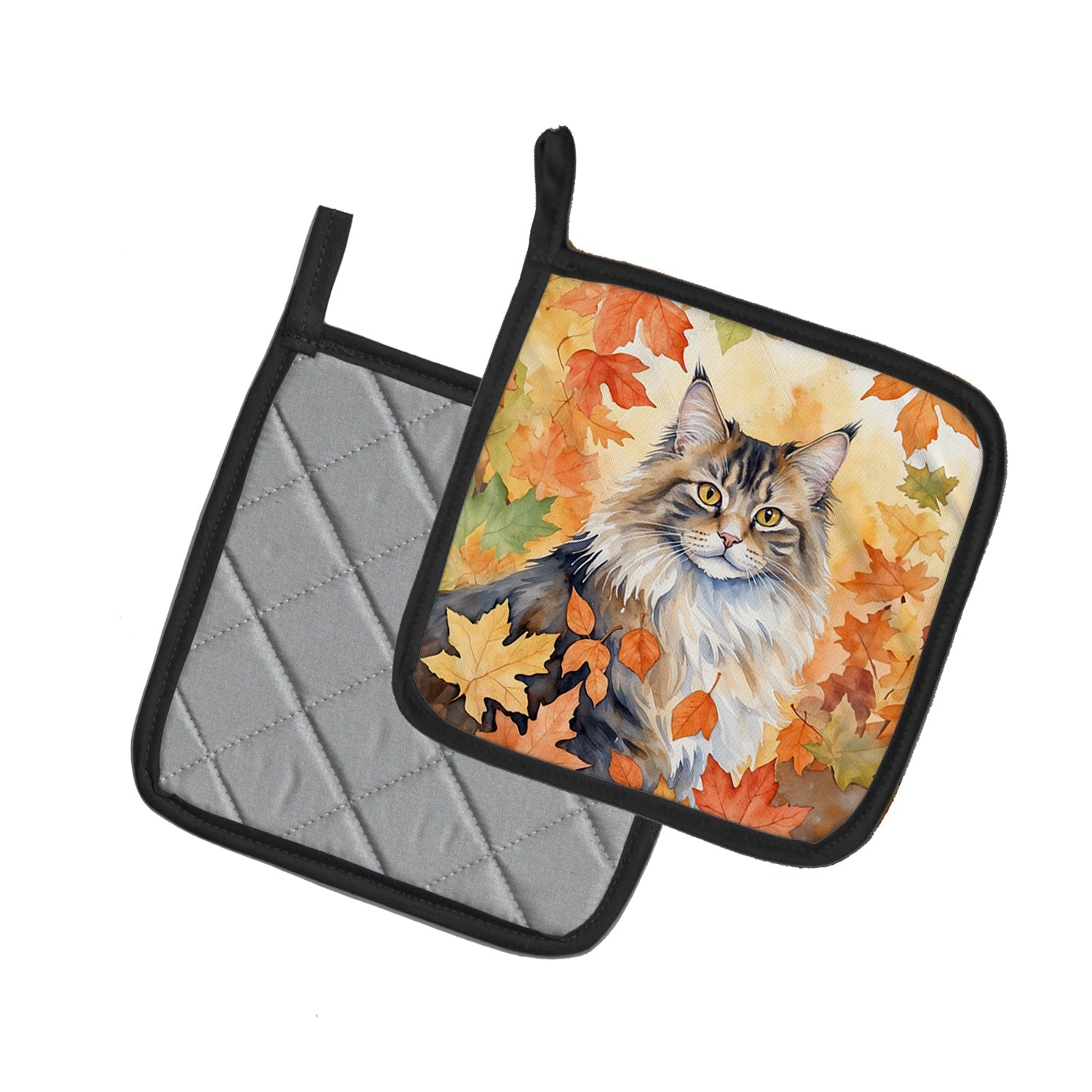 Norwegian Forest Cat in Fall Leaves Pot Holder Set of 2 Heat Resistant Quilted Hot Pads 7.5 x 7.5 Inch, Insulated Kitchen Trivets for Cooking & Baking