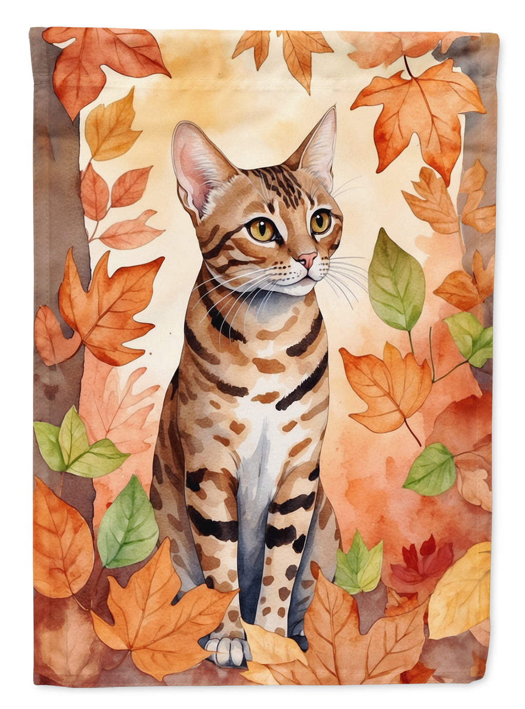Ocicat Cat in Fall Leaves House Flag 28x40 Porch Sleeve Pole Decorative Outside Yard Banner Artwork Wall Hanging, Polyester