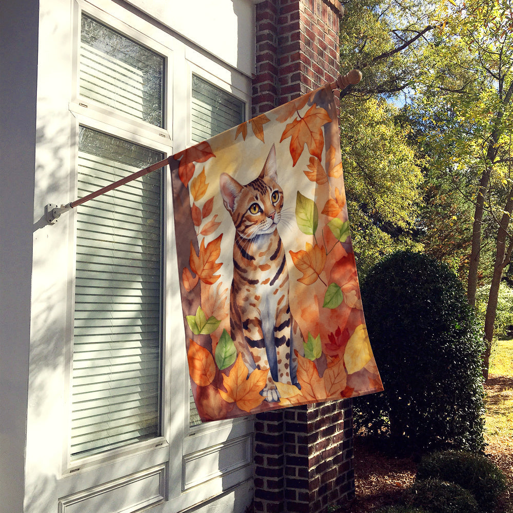 Ocicat Cat in Fall Leaves House Flag 28x40 Porch Sleeve Pole Decorative Outside Yard Banner Artwork Wall Hanging, Polyester