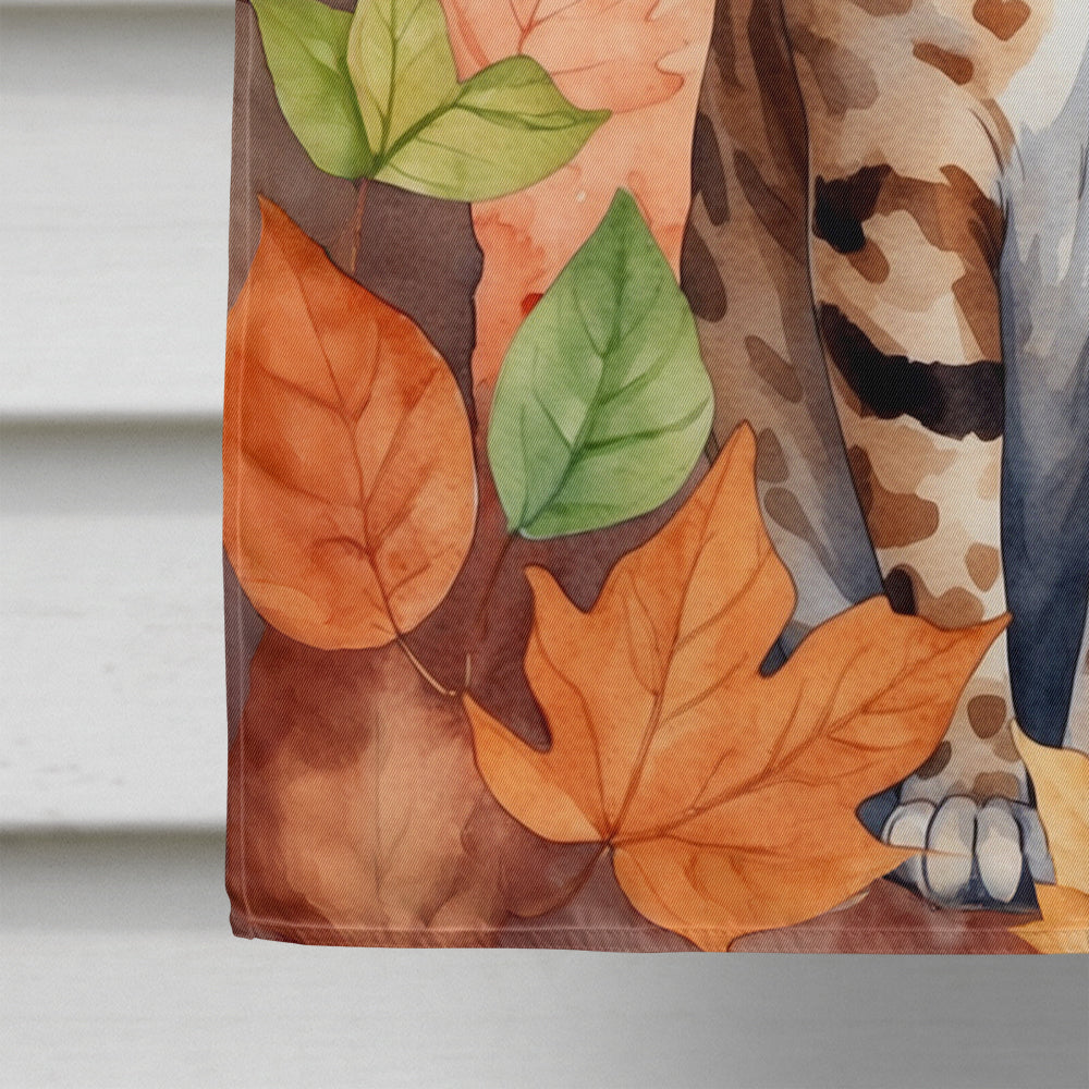Ocicat Cat in Fall Leaves House Flag 28x40 Porch Sleeve Pole Decorative Outside Yard Banner Artwork Wall Hanging, Polyester