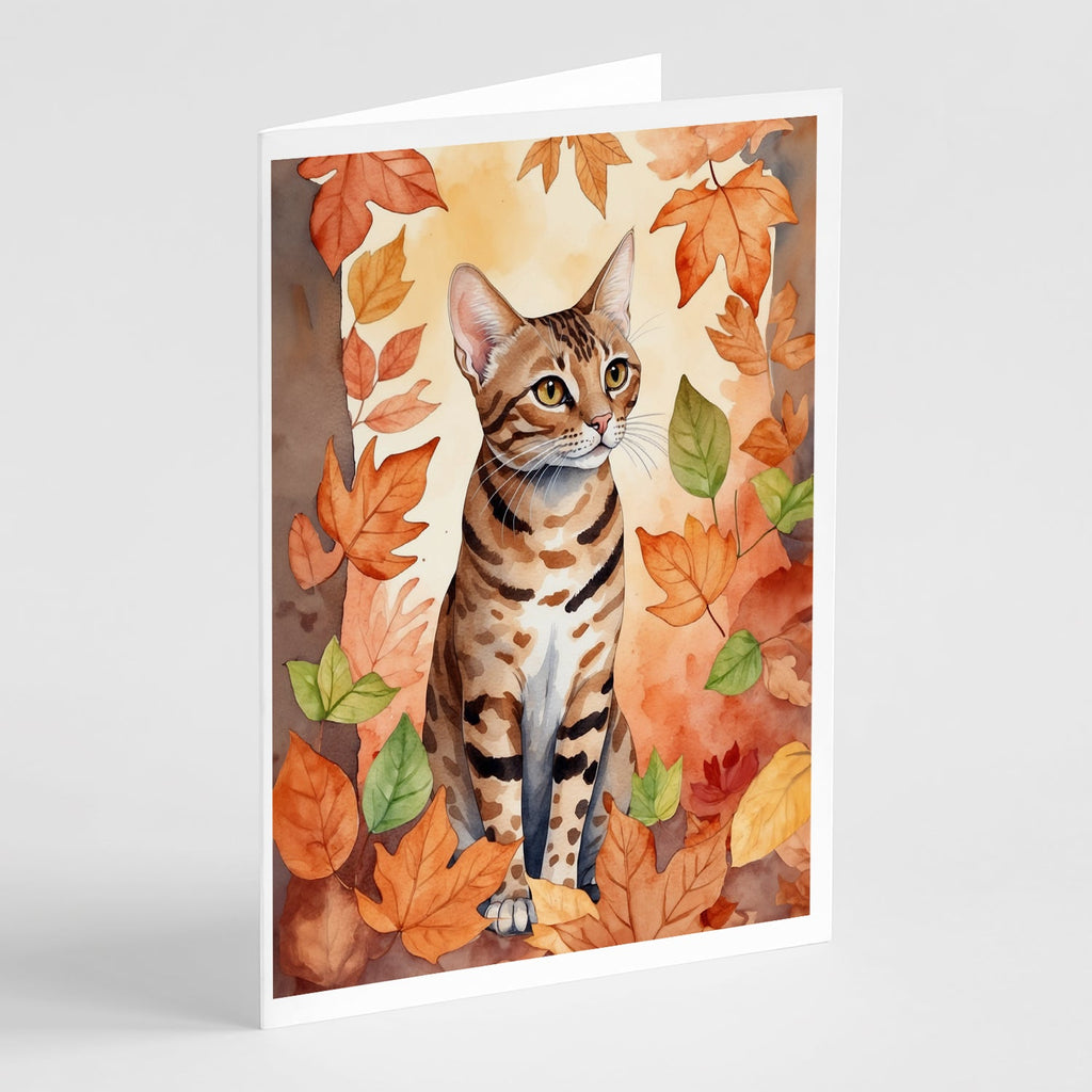Ocicat Cat in Fall Leaves Greeting Cards Pack of 8 Blank Cards with Envelopes Whimsical A7 Size 5x7