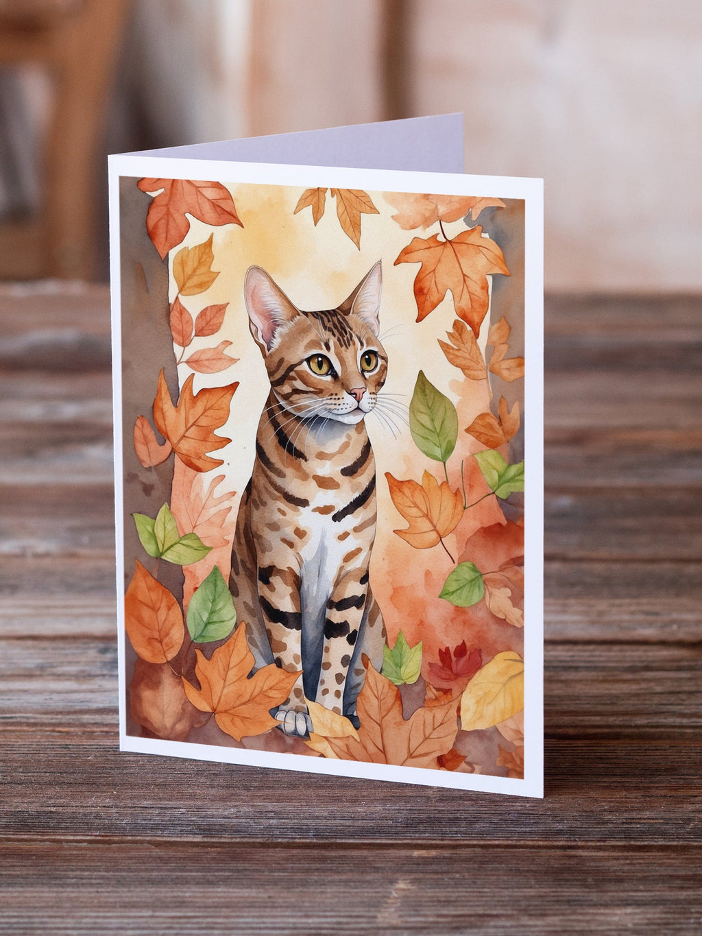 Ocicat Cat in Fall Leaves Greeting Cards Pack of 8 Blank Cards with Envelopes Whimsical A7 Size 5x7