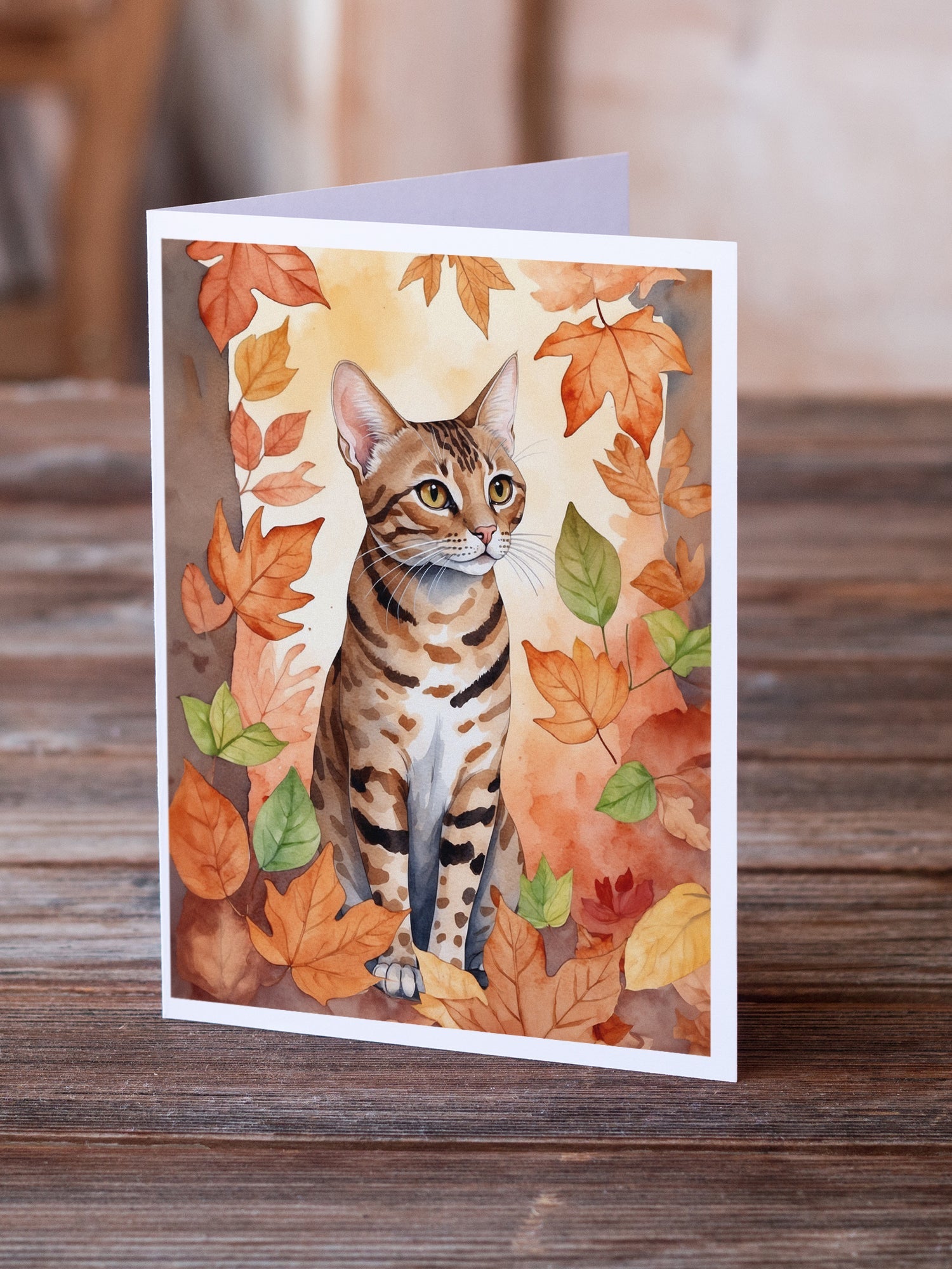 Ocicat Cat in Fall Leaves Greeting Cards Pack of 8 Blank Cards with Envelopes Whimsical A7 Size 5x7