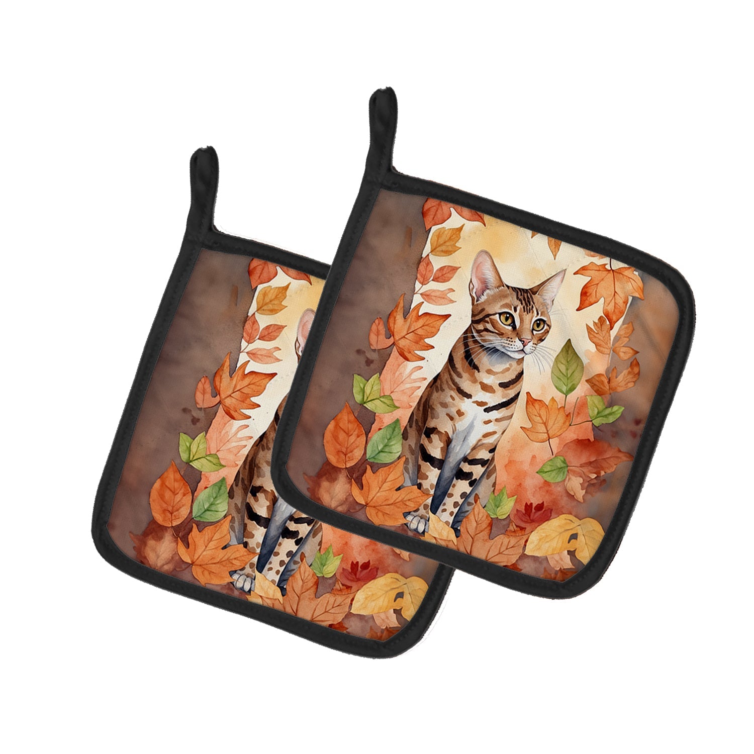 Ocicat Cat in Fall Leaves Pot Holder Set of 2 Heat Resistant Quilted Hot Pads 7.5 x 7.5 Inch, Insulated Kitchen Trivets for Cooking & Baking