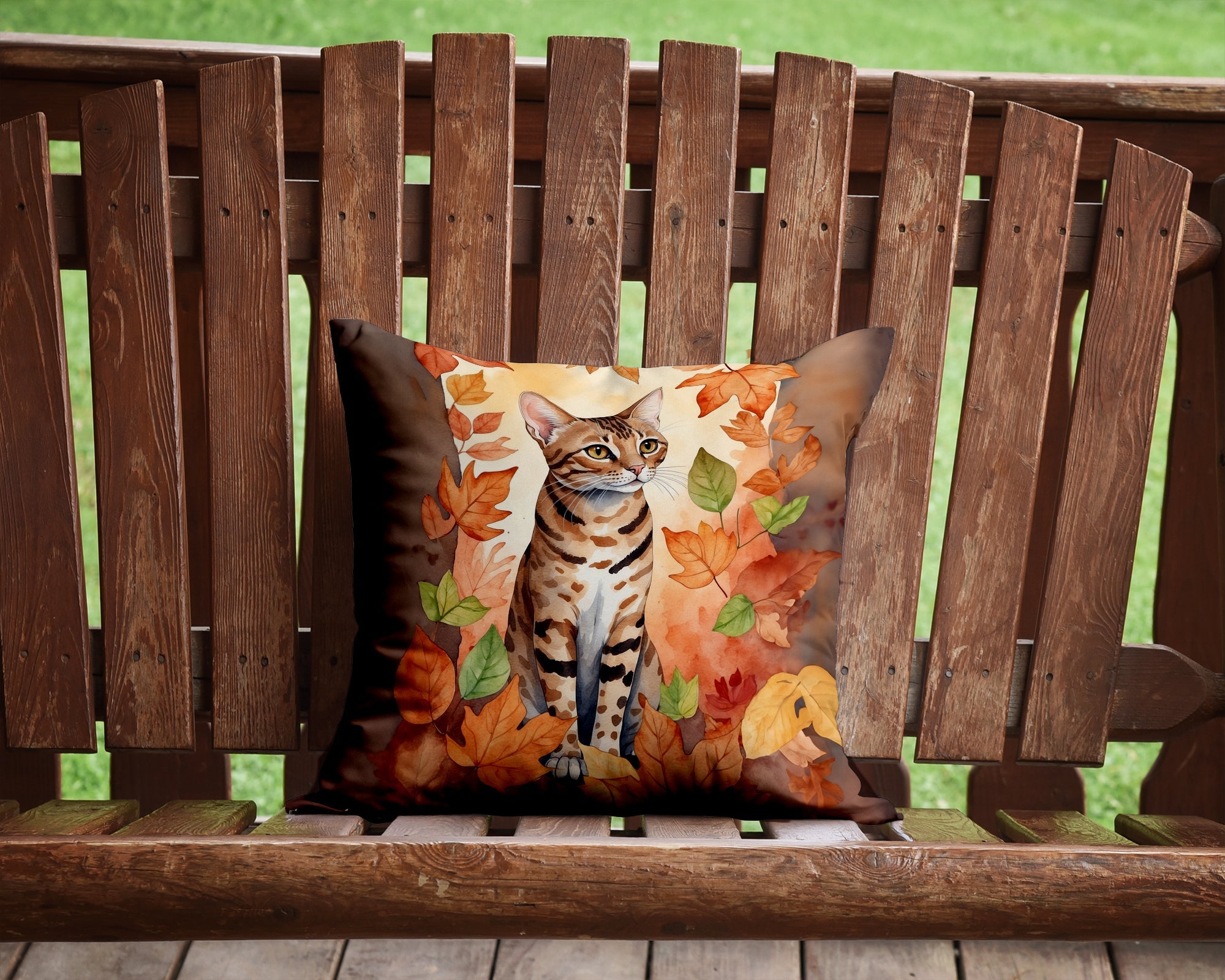 Ocicat Cat in Fall Leaves Decorative Throw Pillow 14x14 Indoor Outdoor Accent Cushion, Fabric Cover with Insert for Sofa, Bed, Porch & Living Room