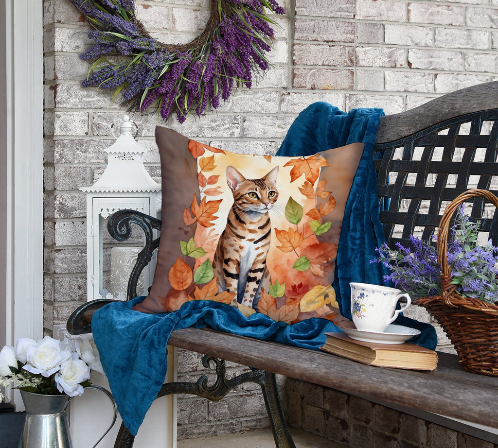 Ocicat Cat in Fall Leaves Decorative Throw Pillow 18x18 Indoor Outdoor Accent Cushion, Fabric Cover with Insert for Sofa, Bed, Porch & Living Room