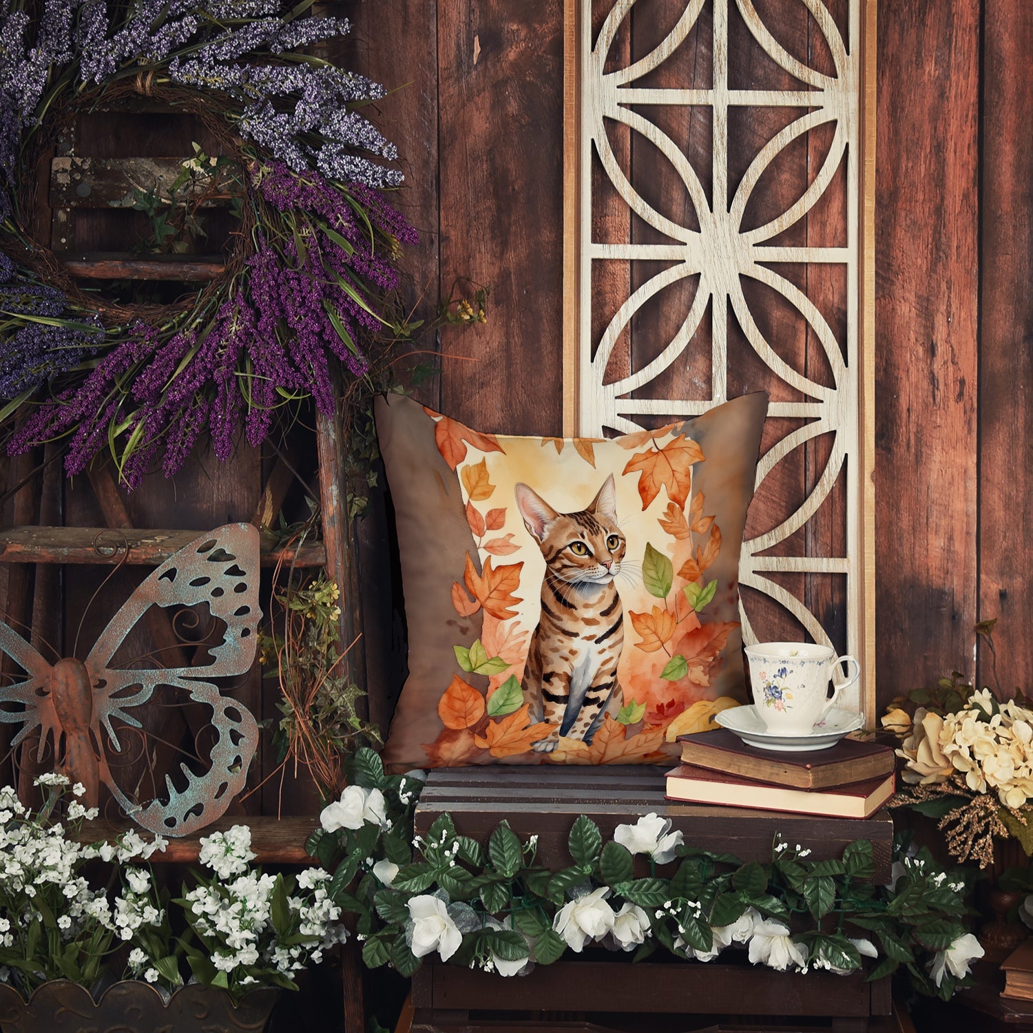 Ocicat Cat in Fall Leaves Decorative Throw Pillow 18x18 Indoor Outdoor Accent Cushion, Fabric Cover with Insert for Sofa, Bed, Porch & Living Room