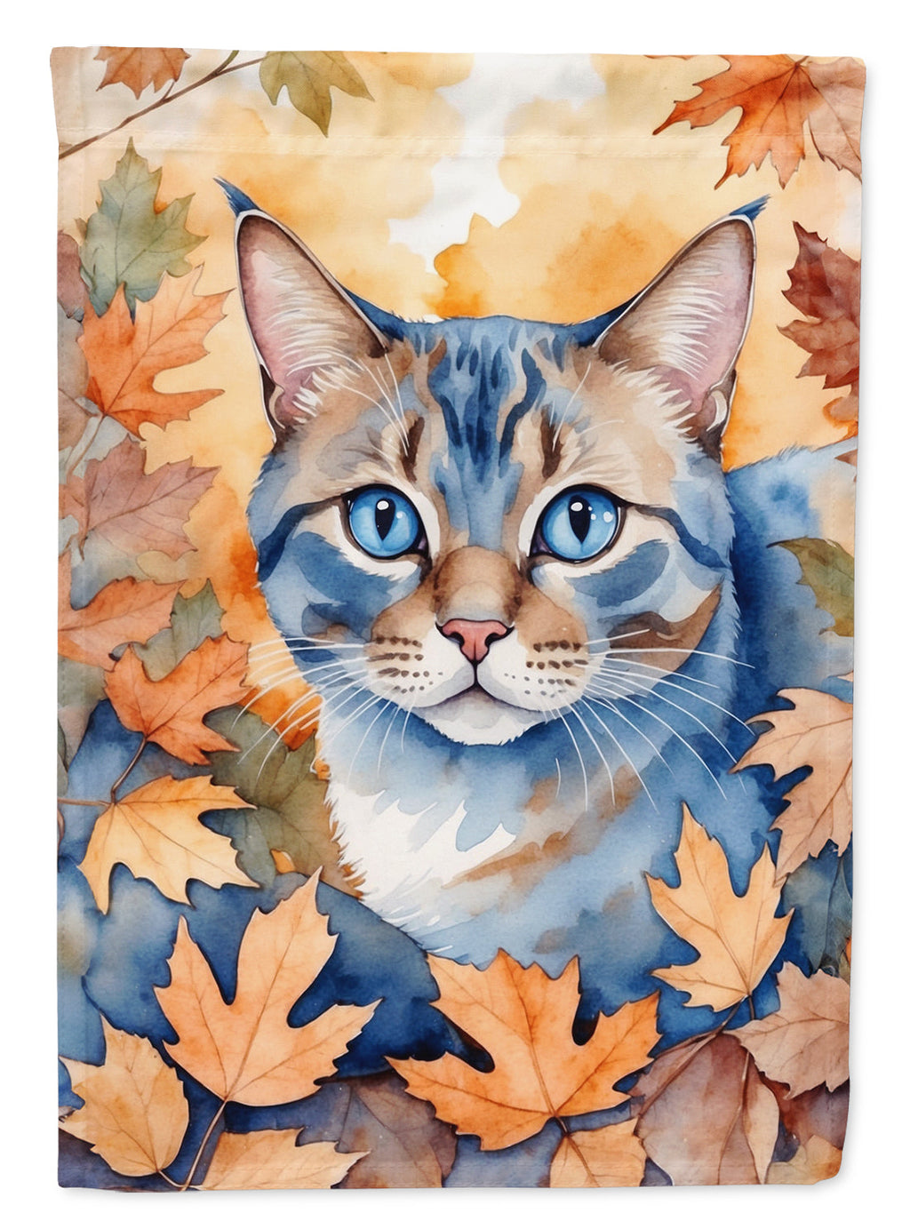 Ojos Azules Cat in Fall Leaves House Flag 28x40 Porch Sleeve Pole Decorative Outside Yard Banner Artwork Wall Hanging, Polyester