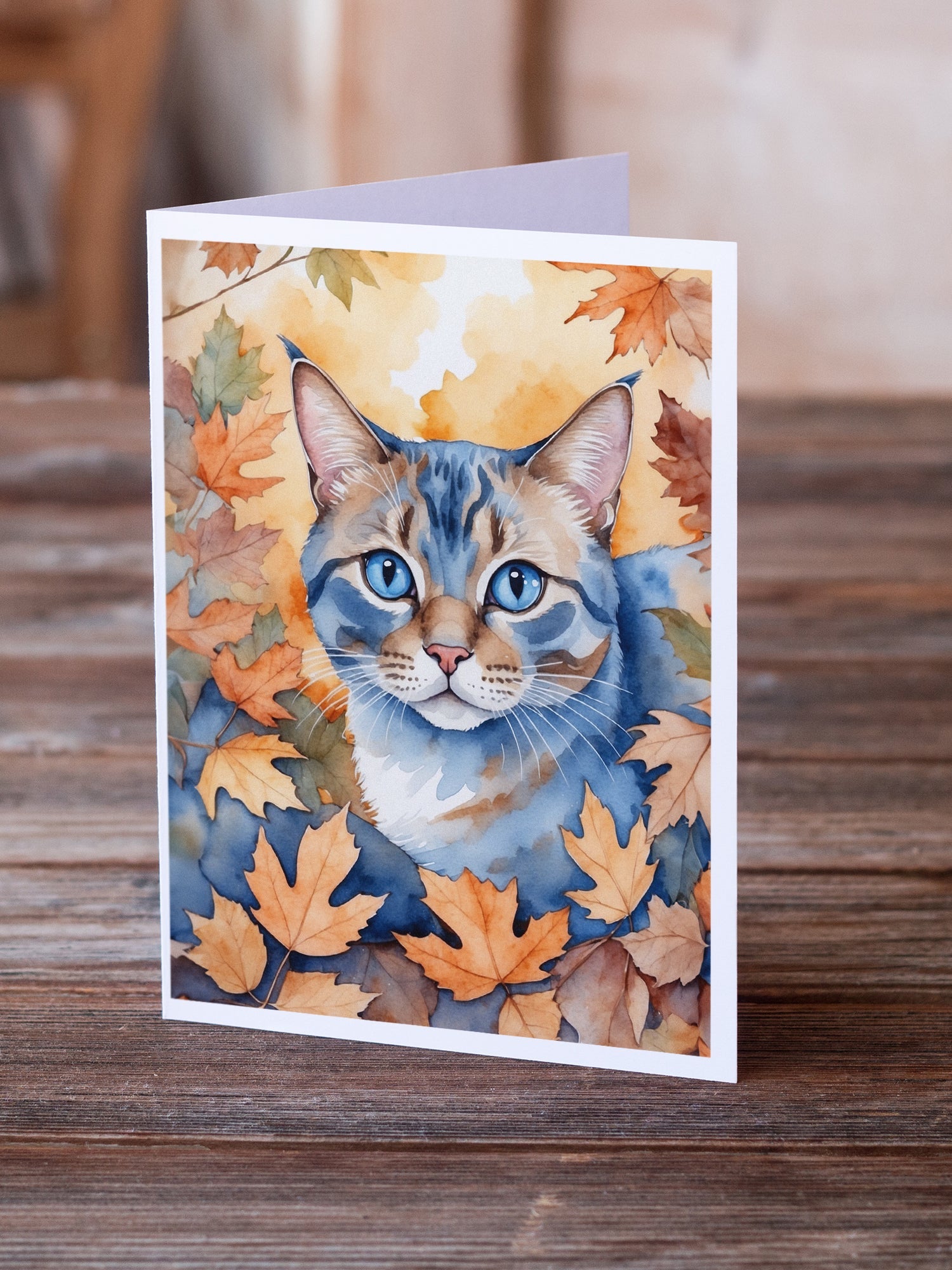 Ojos Azules Cat in Fall Leaves Greeting Cards Pack of 8 Blank Cards with Envelopes Whimsical A7 Size 5x7