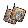 Ojos Azules Cat in Fall Leaves Pot Holder Set of 2 Heat Resistant Quilted Hot Pads 7.5 x 7.5 Inch, Insulated Kitchen Trivets for Cooking & Baking