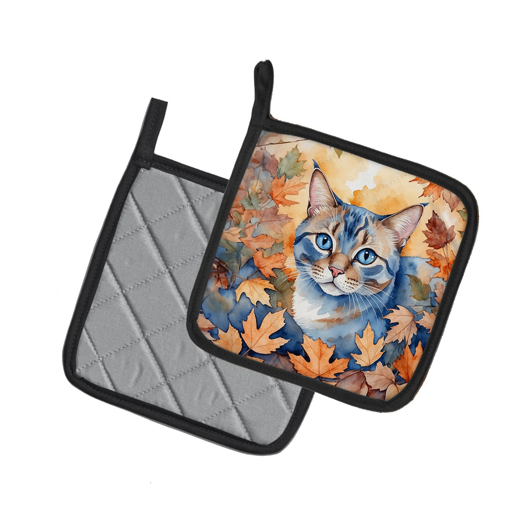 Ojos Azules Cat in Fall Leaves Pot Holder Set of 2 Heat Resistant Quilted Hot Pads 7.5 x 7.5 Inch, Insulated Kitchen Trivets for Cooking & Baking