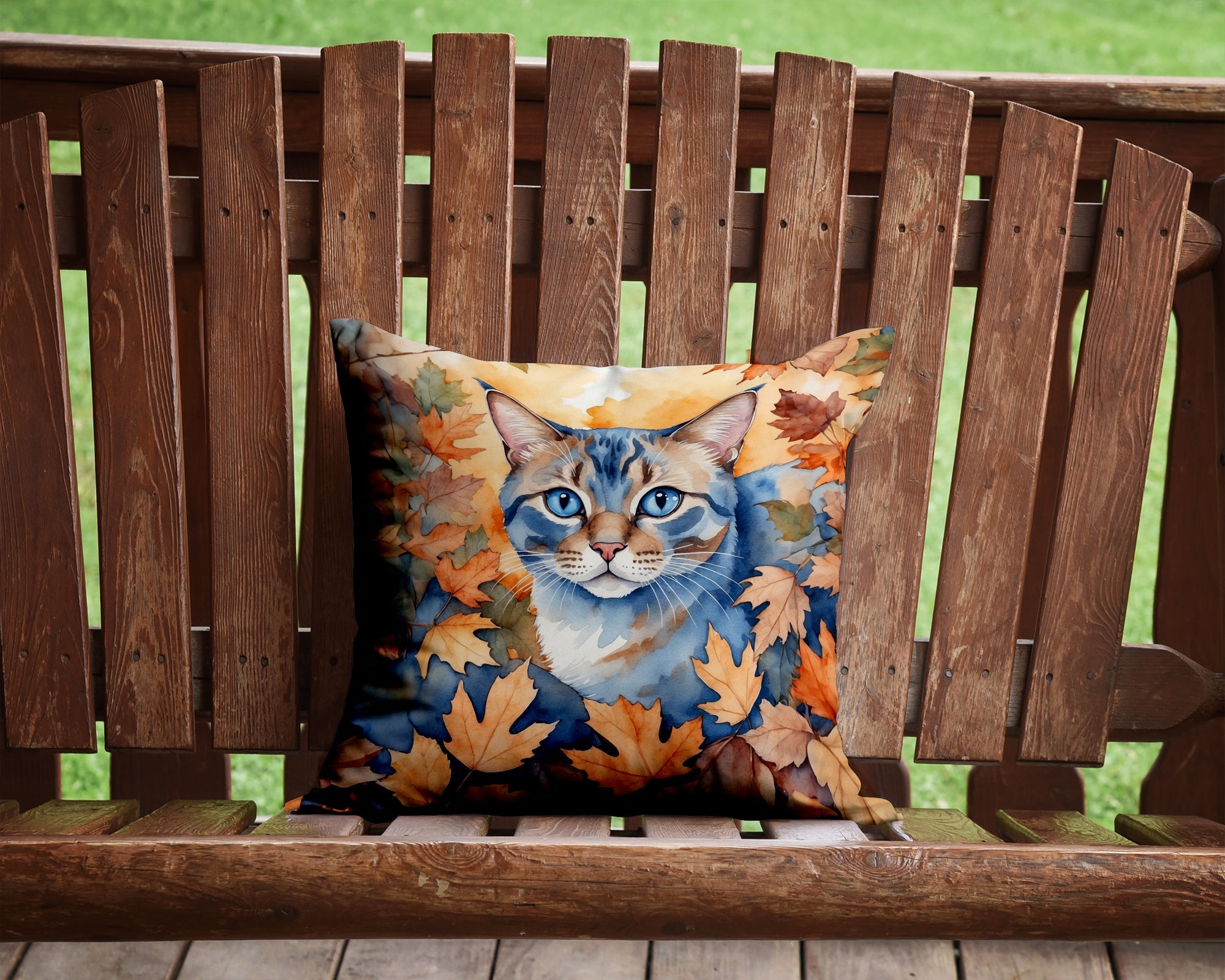 Ojos Azules Cat in Fall Leaves Decorative Throw Pillow 14x14 Indoor Outdoor Accent Cushion, Fabric Cover with Insert for Sofa, Bed, Porch & Living Room