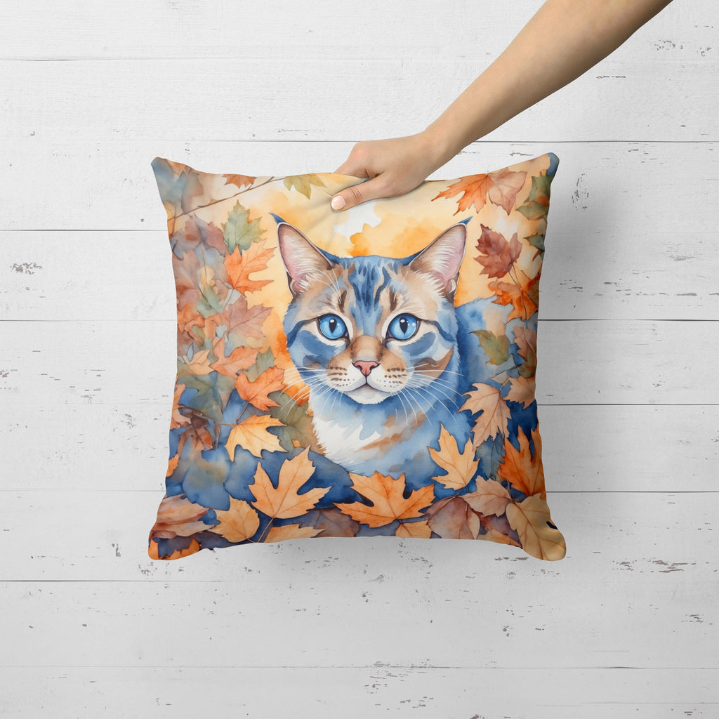 Ojos Azules Cat in Fall Leaves Decorative Throw Pillow 18x18 Indoor Outdoor Accent Cushion, Fabric Cover with Insert for Sofa, Bed, Porch & Living Room