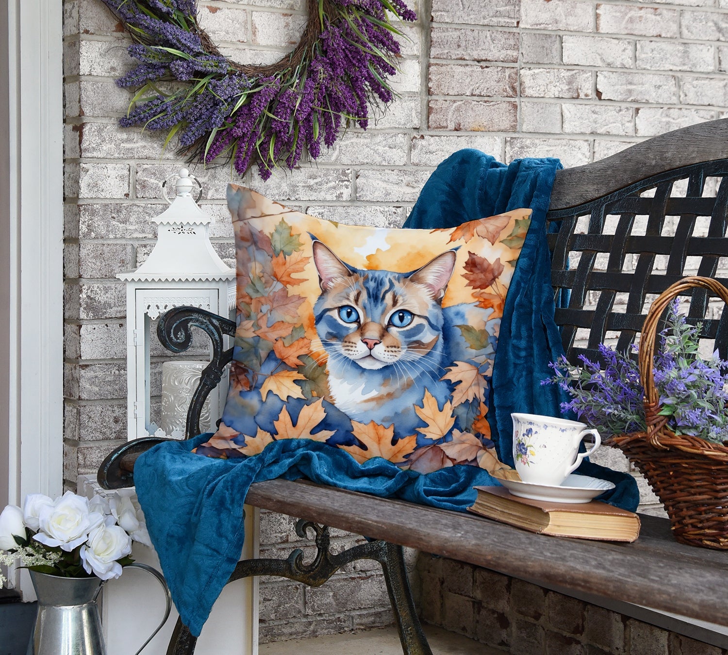 Ojos Azules Cat in Fall Leaves Decorative Throw Pillow 18x18 Indoor Outdoor Accent Cushion, Fabric Cover with Insert for Sofa, Bed, Porch & Living Room