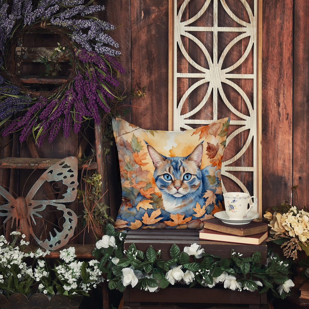 Ojos Azules Cat in Fall Leaves Decorative Throw Pillow 18x18 Indoor Outdoor Accent Cushion, Fabric Cover with Insert for Sofa, Bed, Porch & Living Room