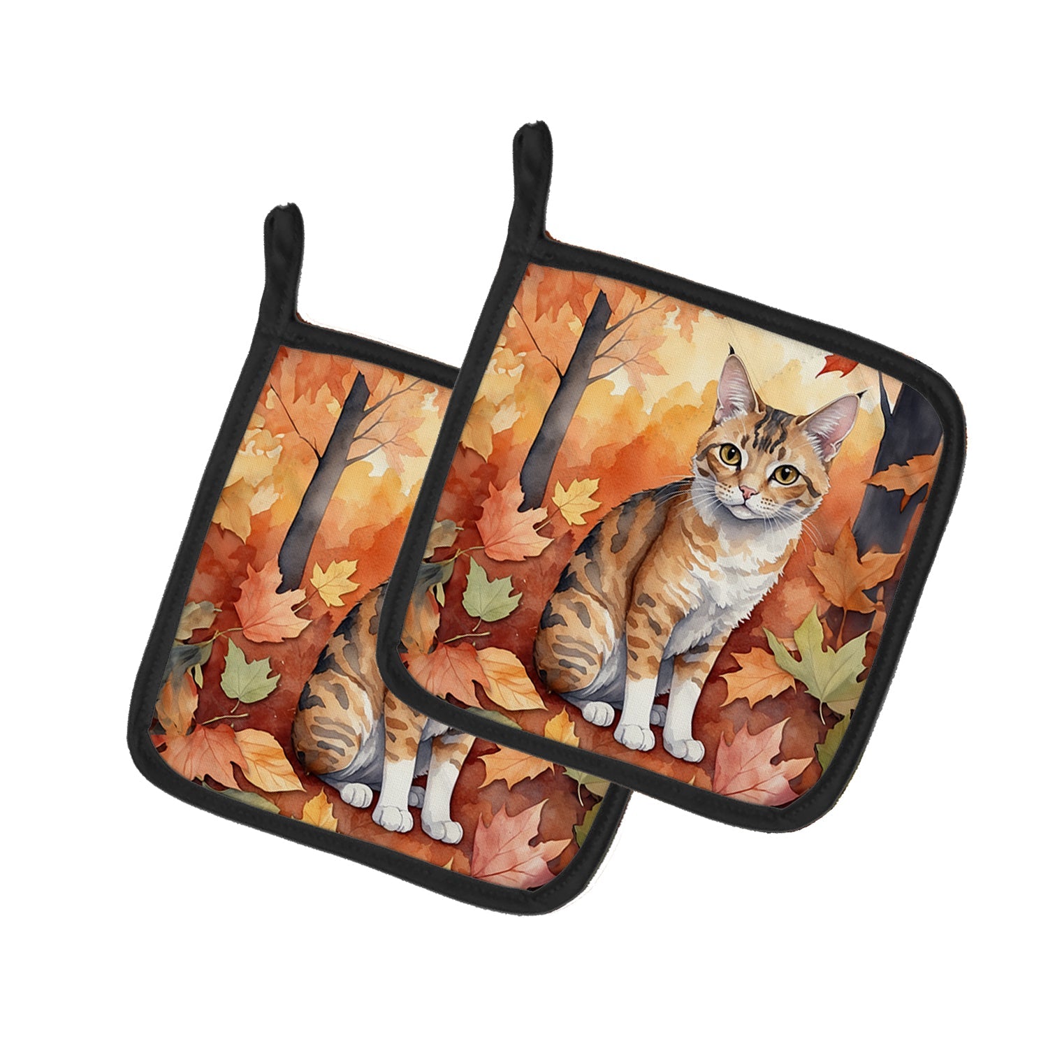 Oregon Rex Cat in Fall Leaves Pot Holder Set of 2 Heat Resistant Quilted Hot Pads 7.5 x 7.5 Inch, Insulated Kitchen Trivets for Cooking & Baking