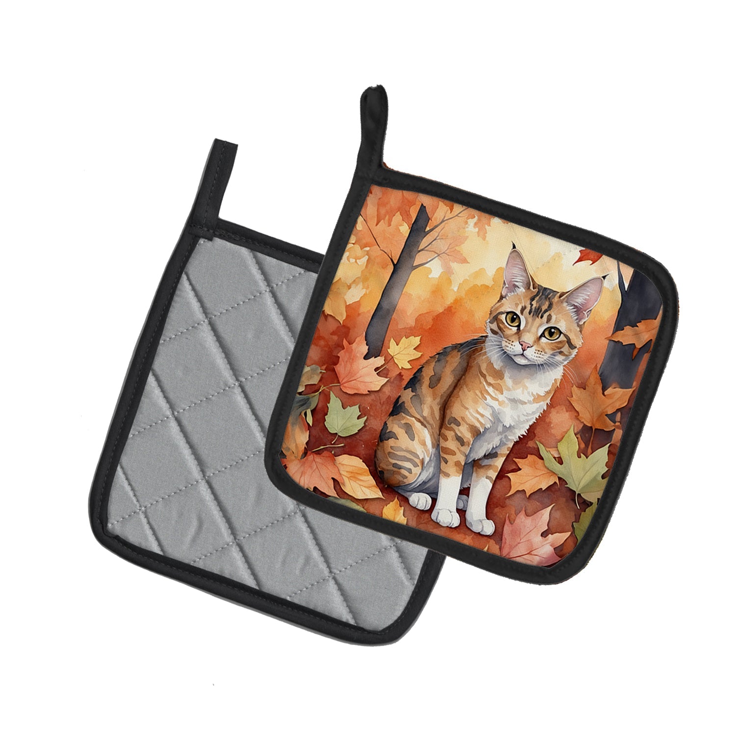 Oregon Rex Cat in Fall Leaves Pot Holder Set of 2 Heat Resistant Quilted Hot Pads 7.5 x 7.5 Inch, Insulated Kitchen Trivets for Cooking & Baking