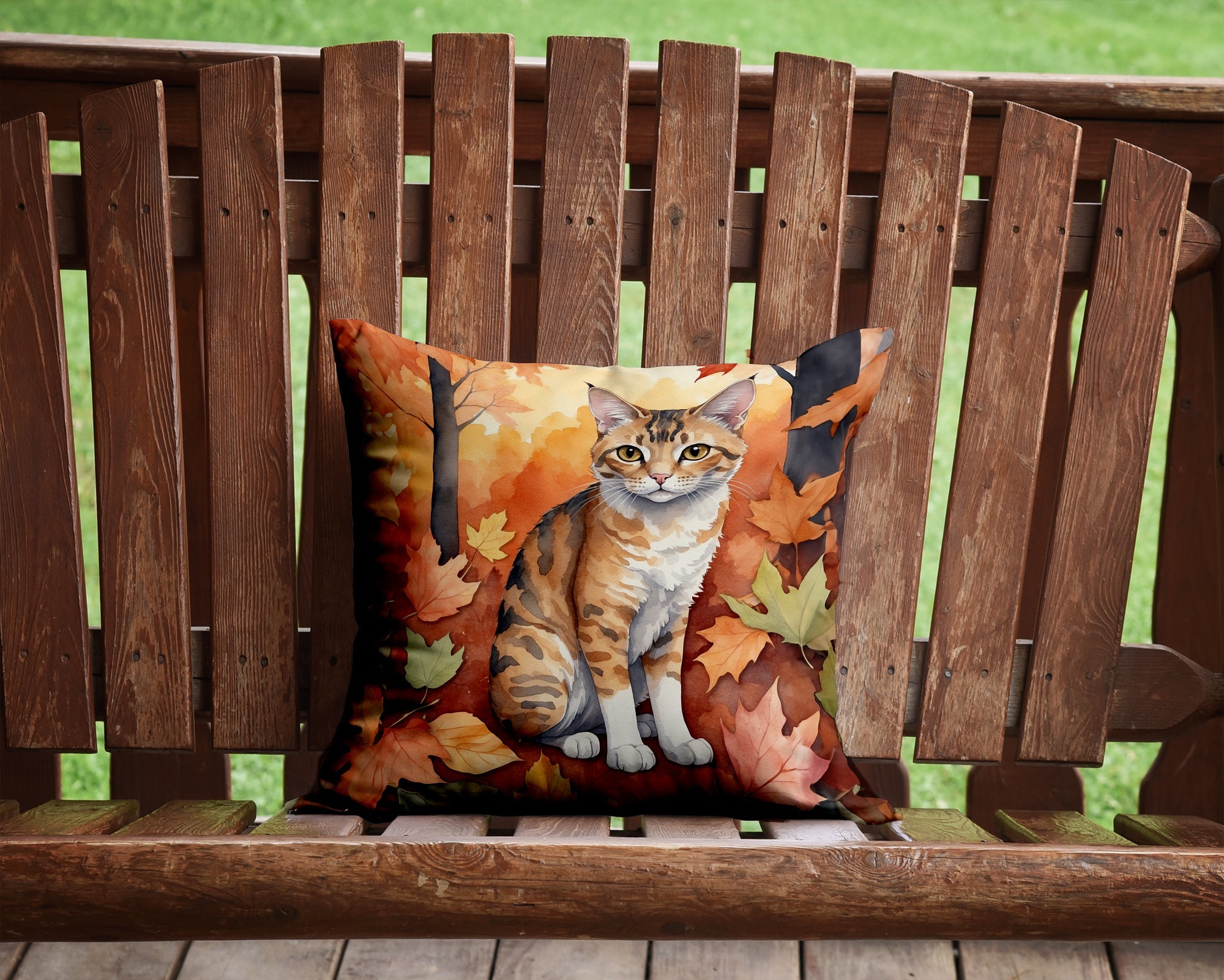 Oregon Rex Cat in Fall Leaves Decorative Throw Pillow 14x14 Indoor Outdoor Accent Cushion, Fabric Cover with Insert for Sofa, Bed, Porch & Living Room