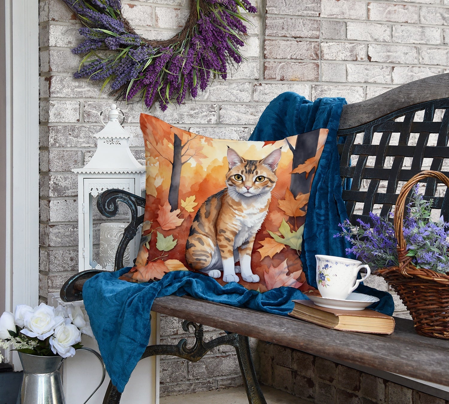 Oregon Rex Cat in Fall Leaves Decorative Throw Pillow 18x18 Indoor Outdoor Accent Cushion, Fabric Cover with Insert for Sofa, Bed, Porch & Living Room