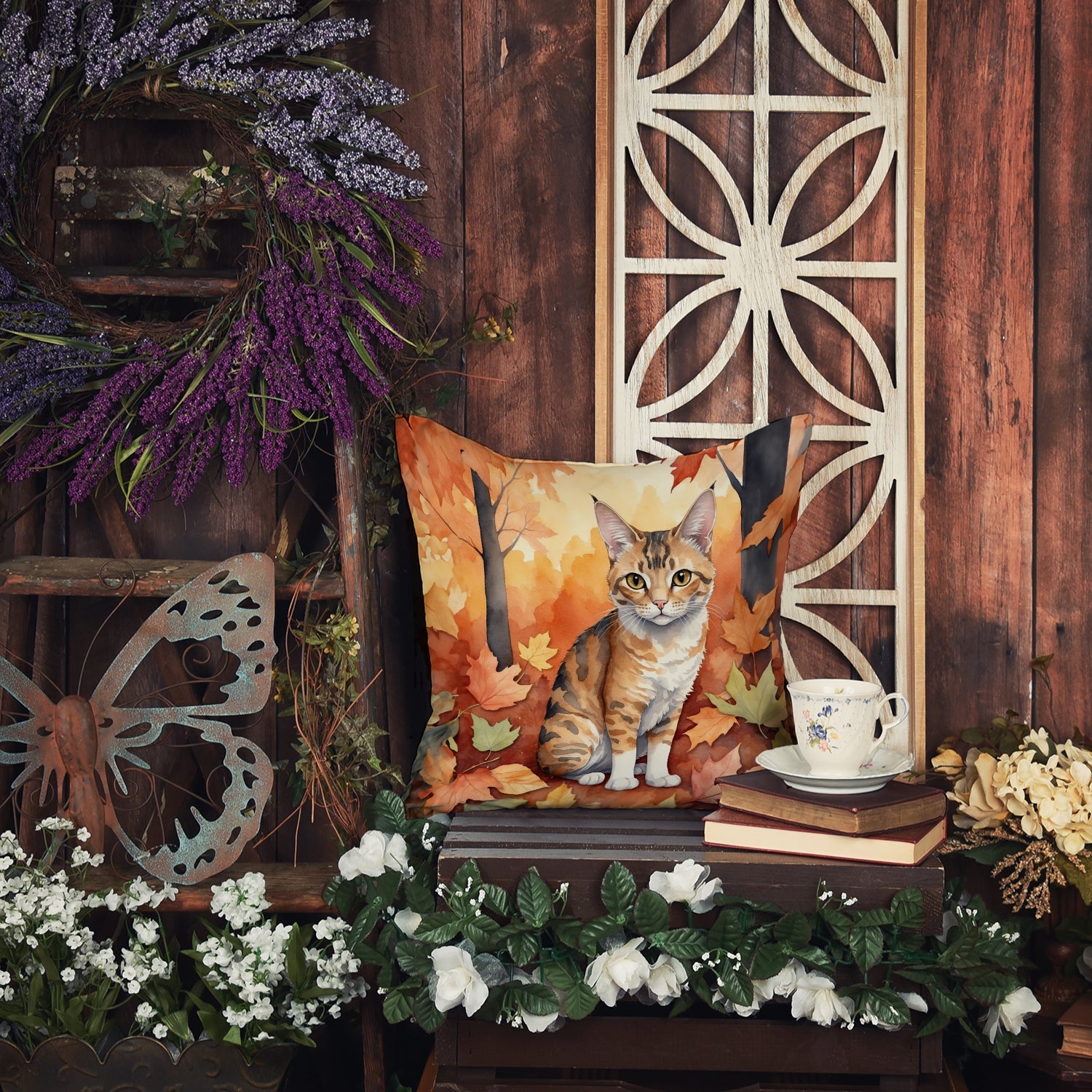 Oregon Rex Cat in Fall Leaves Decorative Throw Pillow 18x18 Indoor Outdoor Accent Cushion, Fabric Cover with Insert for Sofa, Bed, Porch & Living Room