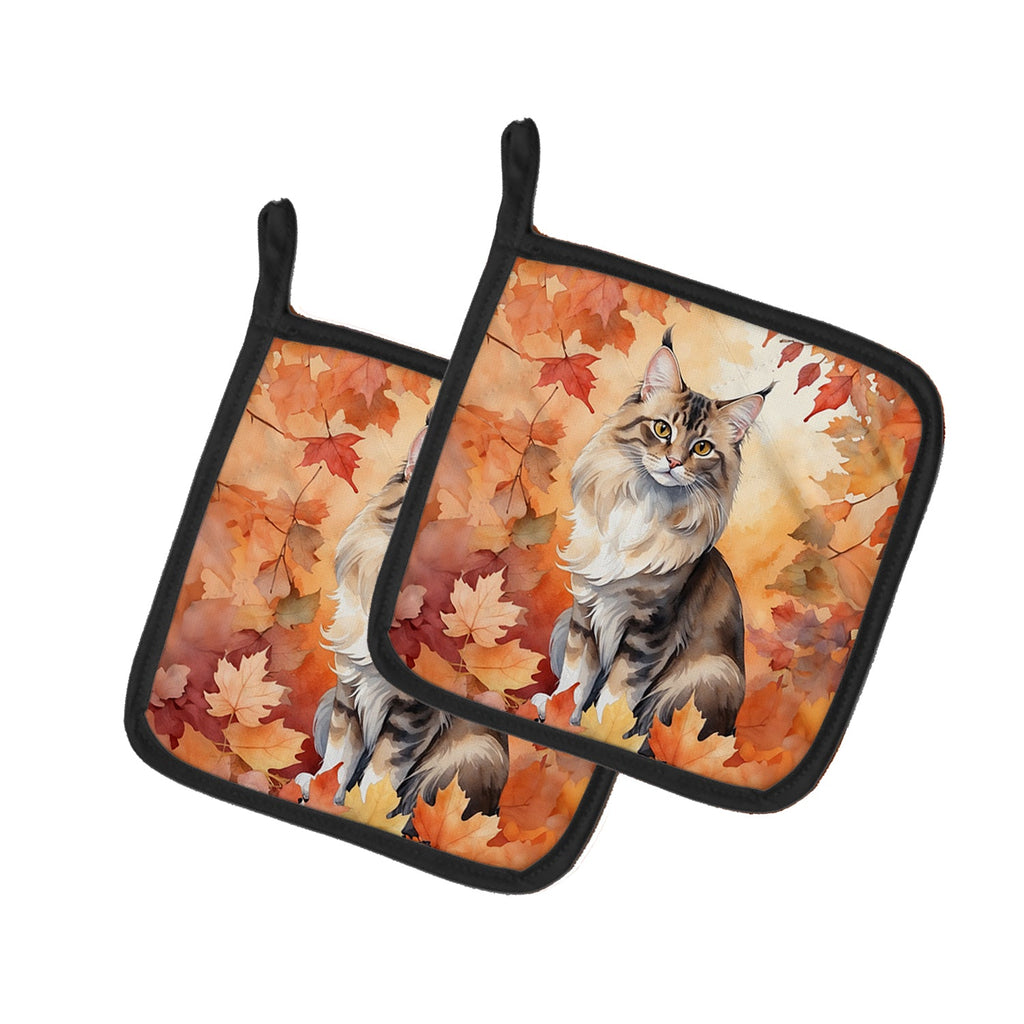 Oriental Longhair Cat in Fall Leaves Pot Holder Set of 2 Heat Resistant Quilted Hot Pads 7.5 x 7.5 Inch, Insulated Kitchen Trivets for Cooking & Baking