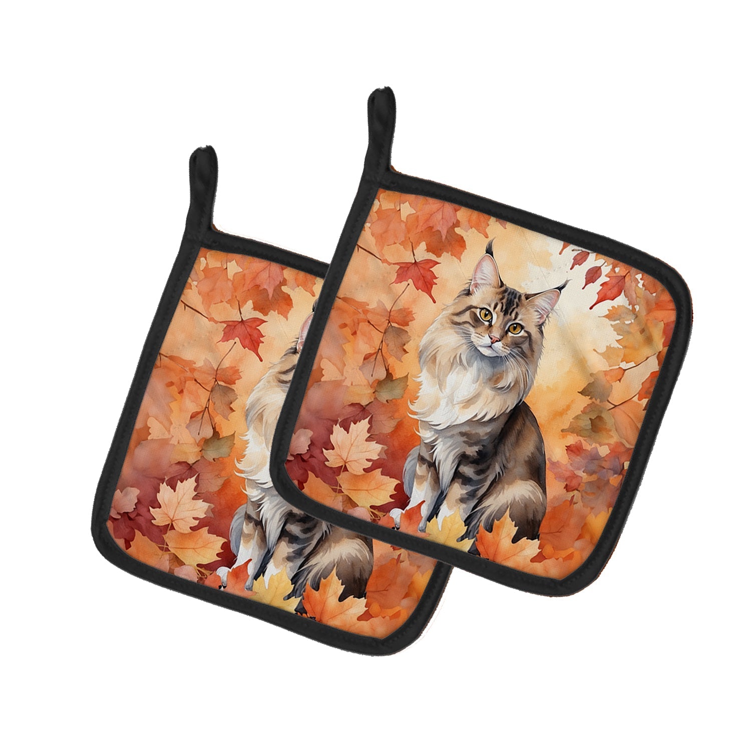 Oriental Longhair Cat in Fall Leaves Pot Holder Set of 2 Heat Resistant Quilted Hot Pads 7.5 x 7.5 Inch, Insulated Kitchen Trivets for Cooking & Baking
