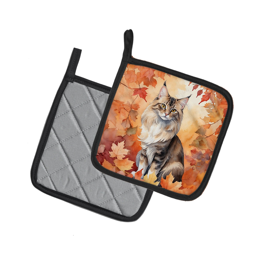 Oriental Longhair Cat in Fall Leaves Pot Holder Set of 2 Heat Resistant Quilted Hot Pads 7.5 x 7.5 Inch, Insulated Kitchen Trivets for Cooking & Baking