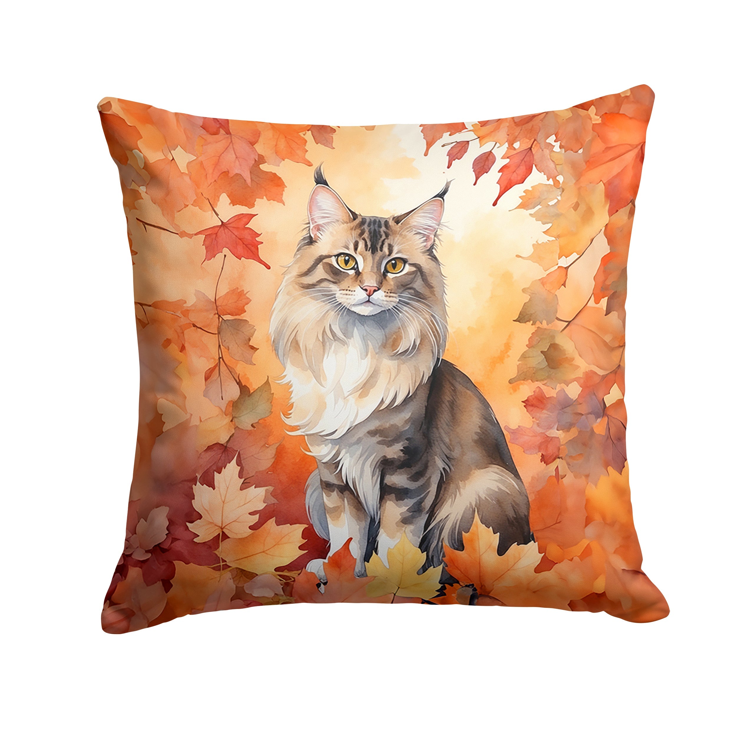 Oriental Longhair Cat in Fall Leaves Decorative Throw Pillow 14x14 Indoor Outdoor Accent Cushion, Fabric Cover with Insert for Sofa, Bed, Porch & Living Room