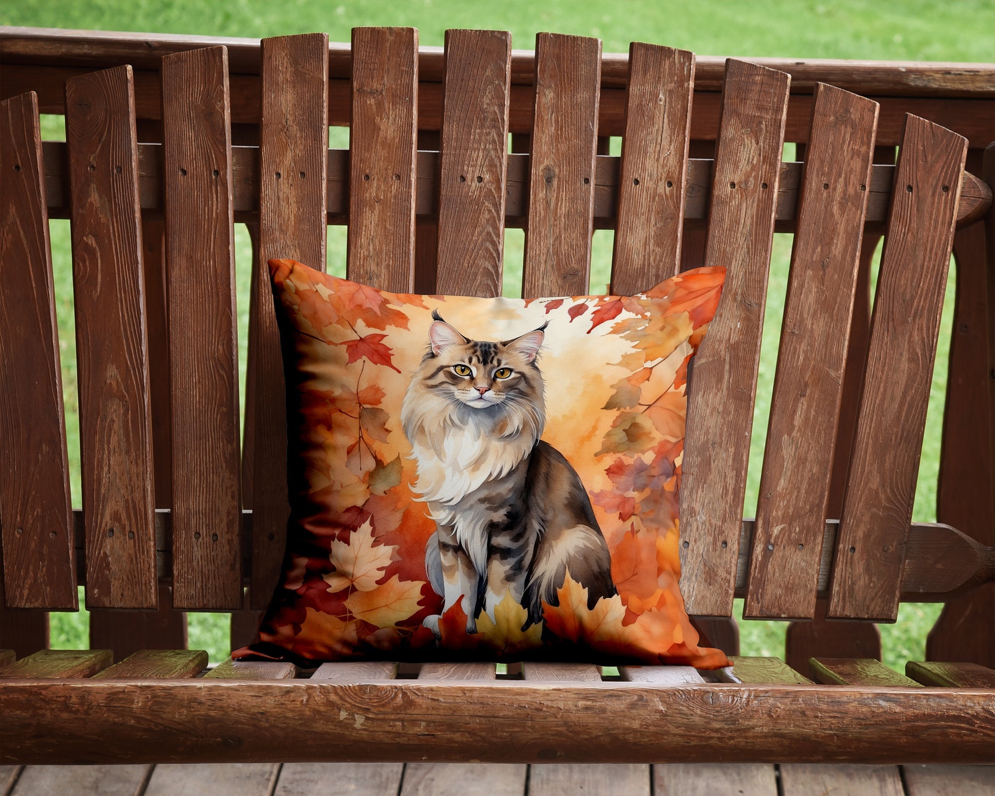 Oriental Longhair Cat in Fall Leaves Decorative Throw Pillow 14x14 Indoor Outdoor Accent Cushion, Fabric Cover with Insert for Sofa, Bed, Porch & Living Room
