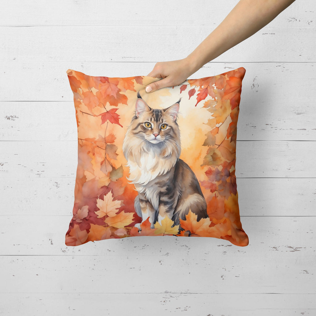 Oriental Longhair Cat in Fall Leaves Decorative Throw Pillow 18x18 Indoor Outdoor Accent Cushion, Fabric Cover with Insert for Sofa, Bed, Porch & Living Room