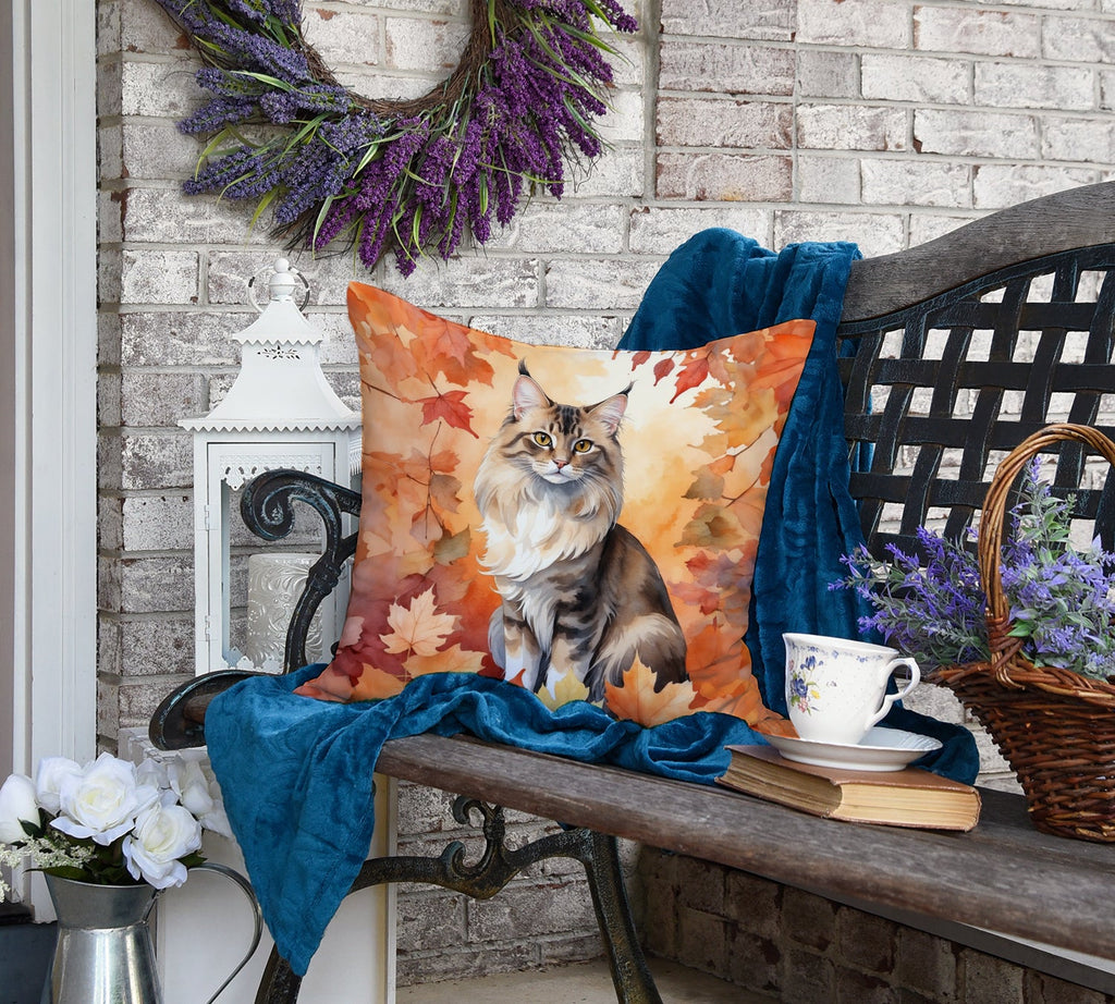 Oriental Longhair Cat in Fall Leaves Decorative Throw Pillow 18x18 Indoor Outdoor Accent Cushion, Fabric Cover with Insert for Sofa, Bed, Porch & Living Room